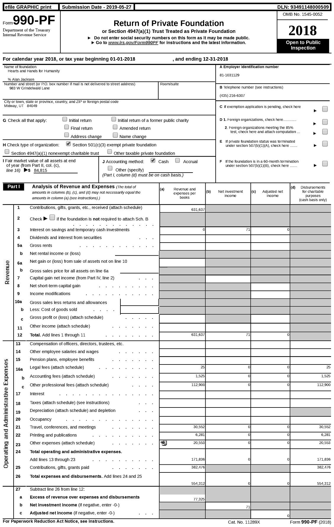 Image of first page of 2018 Form 990PF for Hearts and Hands for Humanity