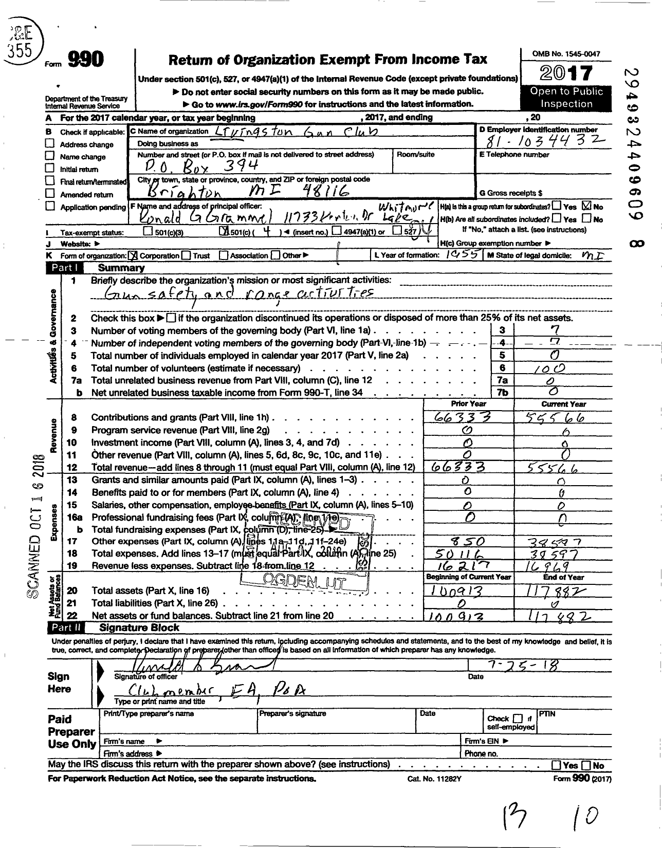 Image of first page of 2017 Form 990O for Livingston Gun Club