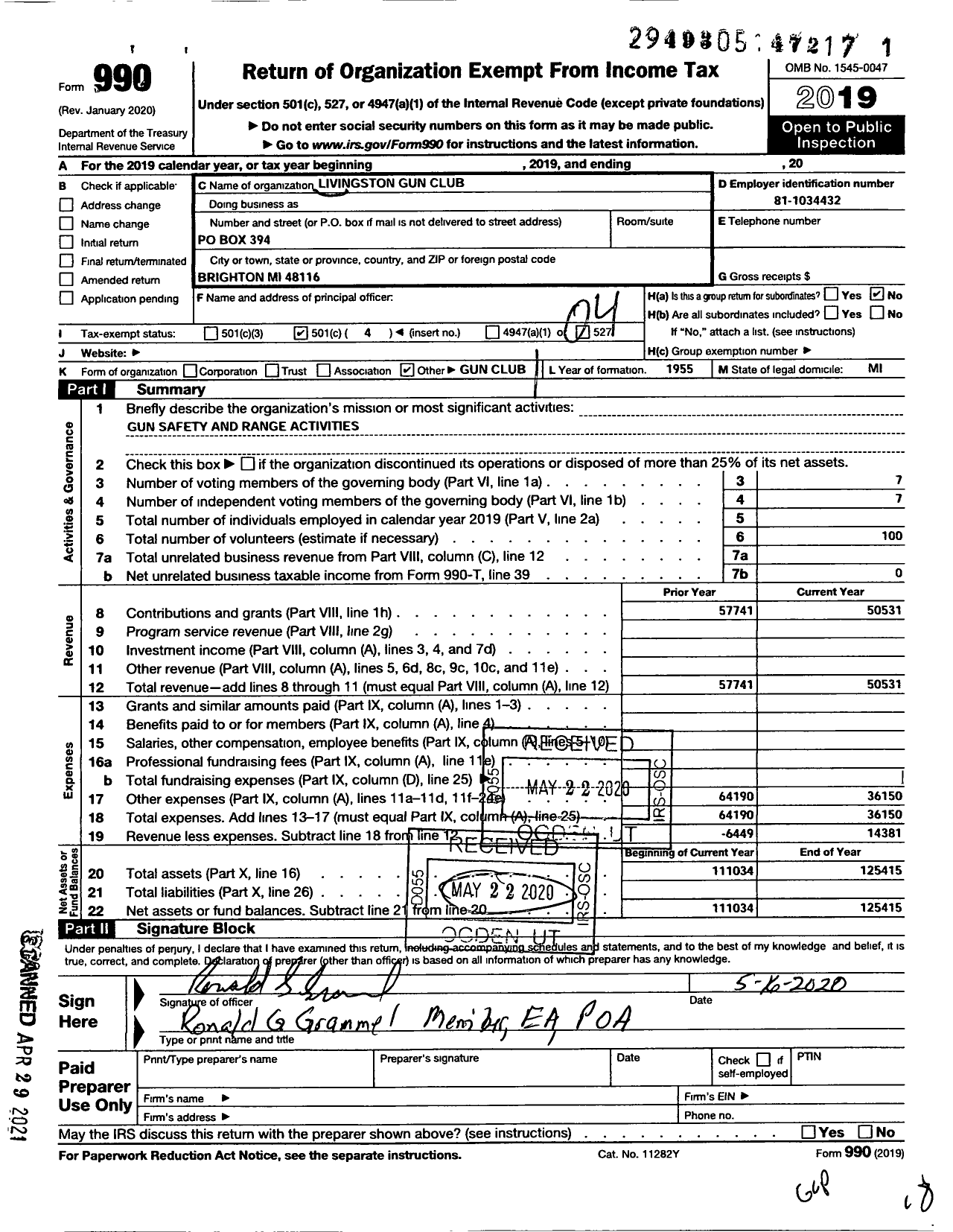 Image of first page of 2019 Form 990O for Livingston Gun Club