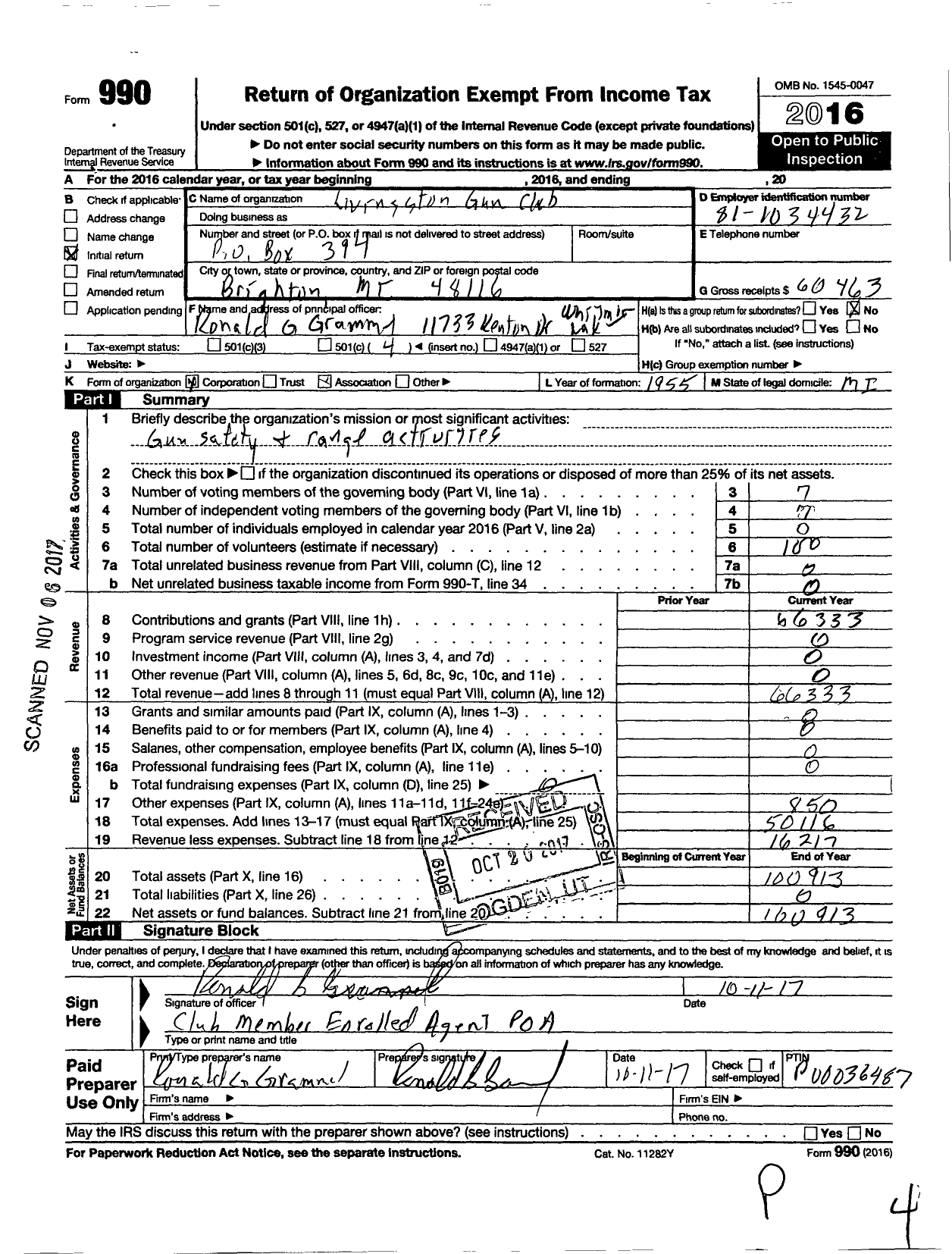 Image of first page of 2016 Form 990O for Livingston Gun Club