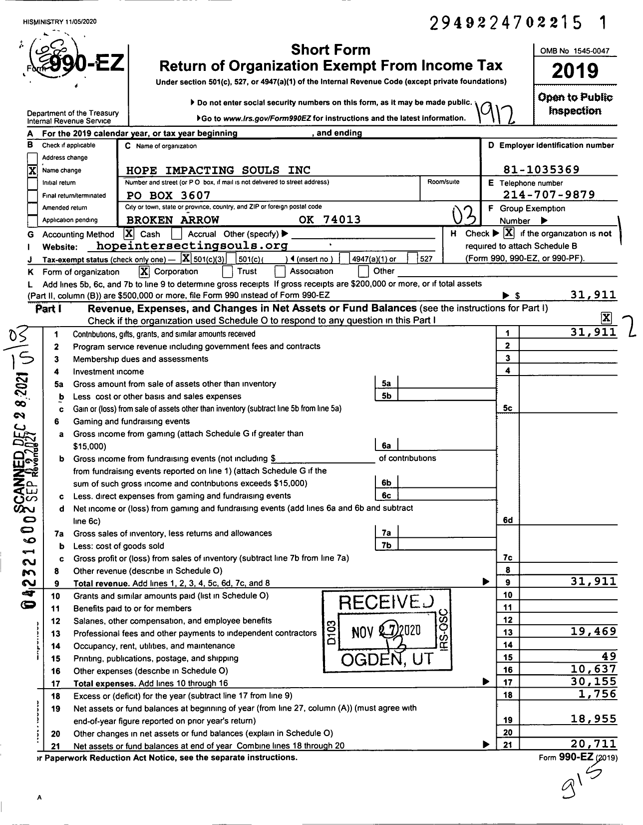 Image of first page of 2019 Form 990EZ for Hope Impacting Souls