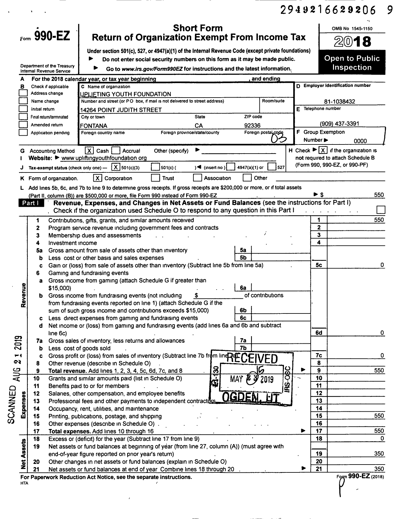 Image of first page of 2018 Form 990EZ for Uplifting Youth Foundation