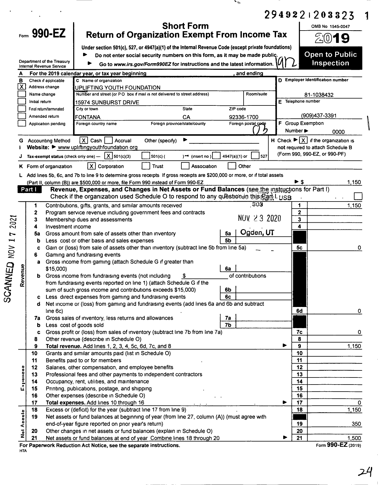 Image of first page of 2019 Form 990EZ for Uplifting Youth Foundation