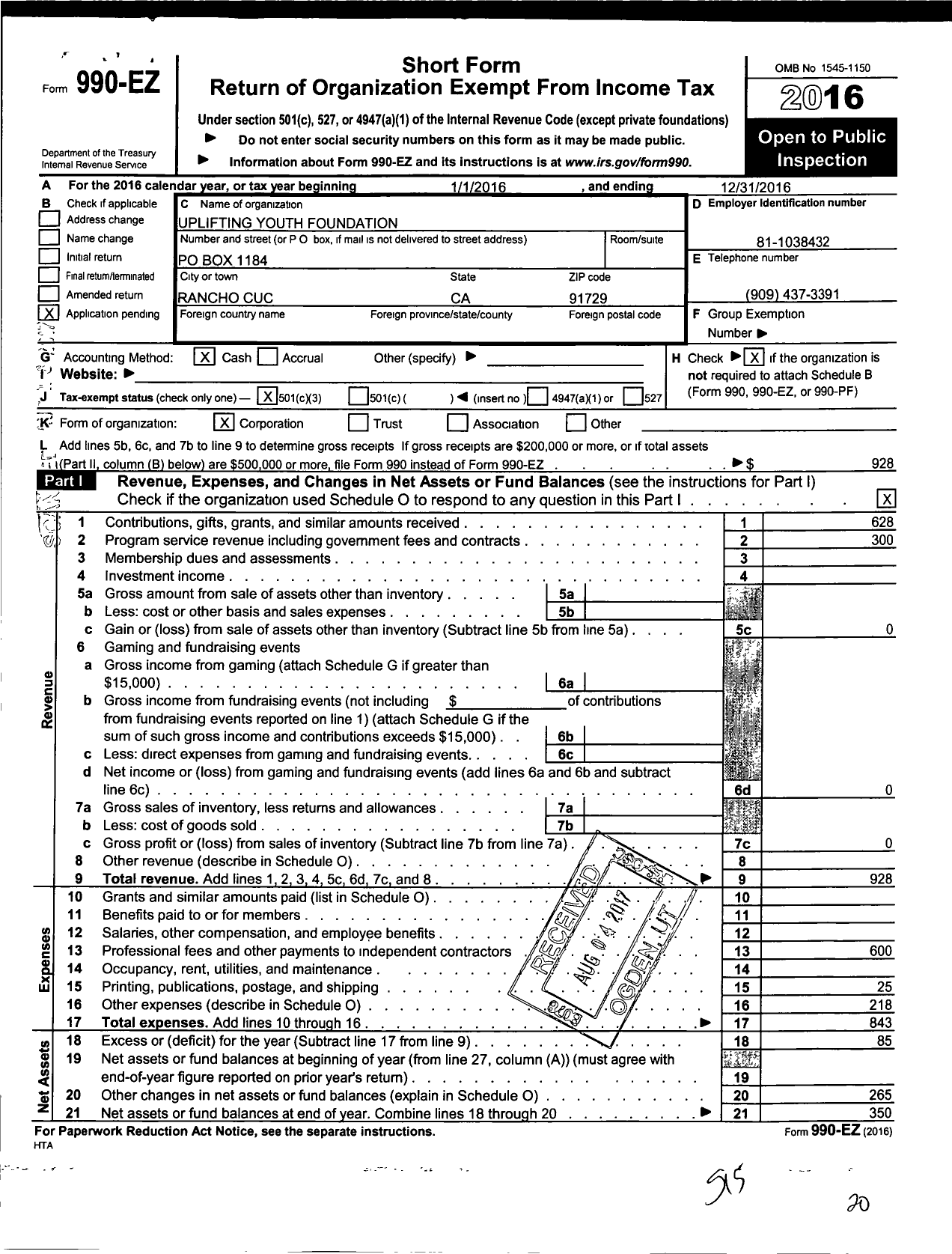 Image of first page of 2016 Form 990EZ for Uplifting Youth Foundation