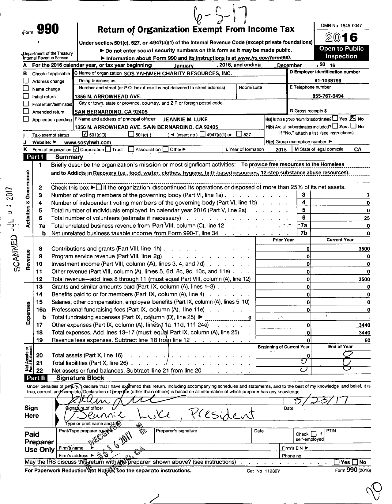 Image of first page of 2016 Form 990 for Sos Yahweh Charity Resources