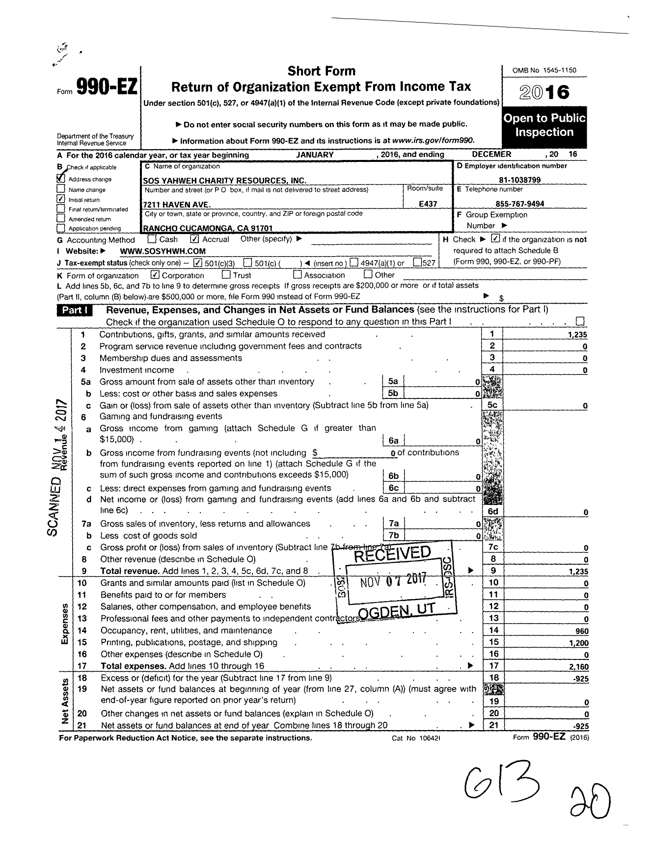 Image of first page of 2016 Form 990EZ for Sos Yahweh Charity Resources