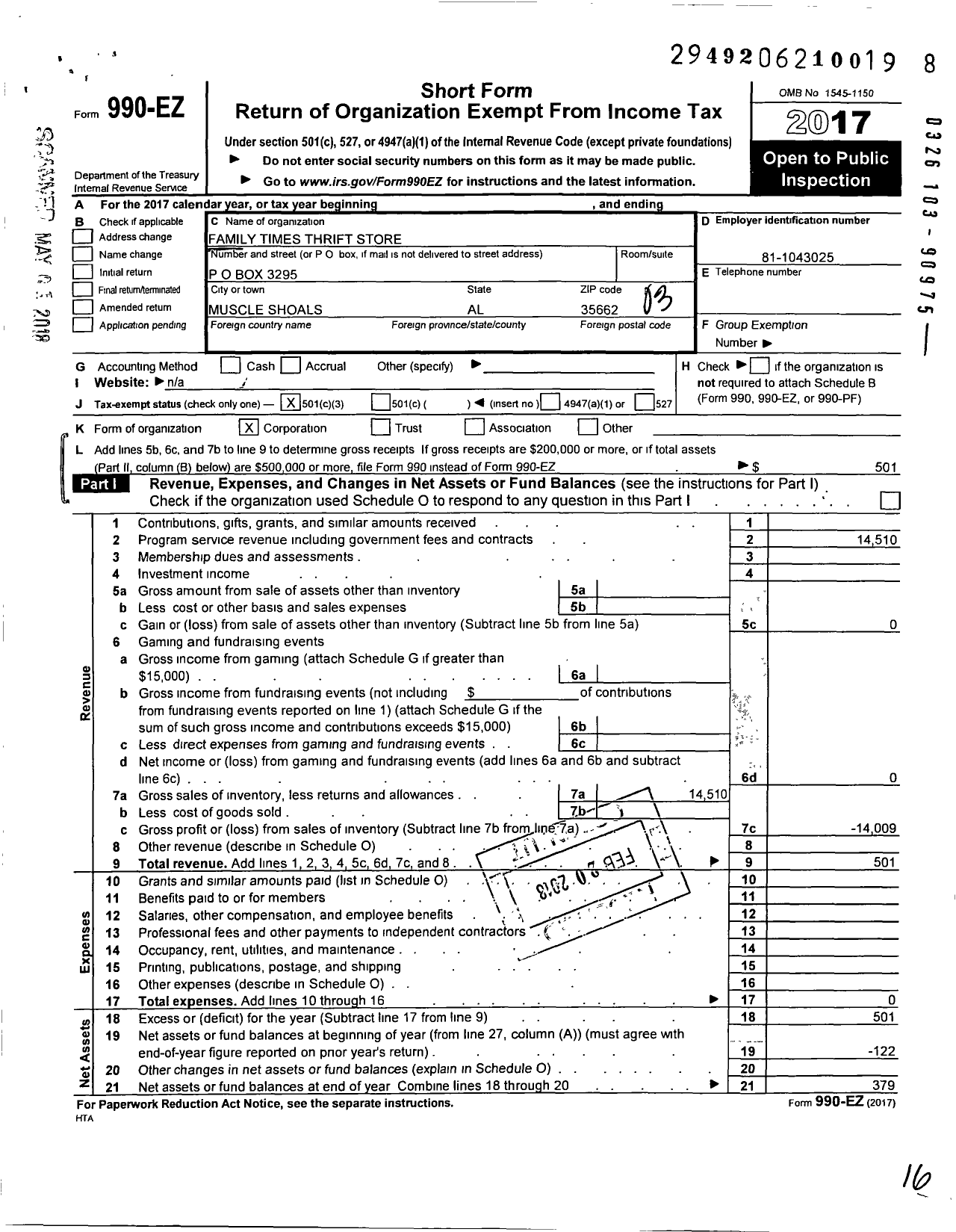 Image of first page of 2017 Form 990EZ for Family Times Thrift Store