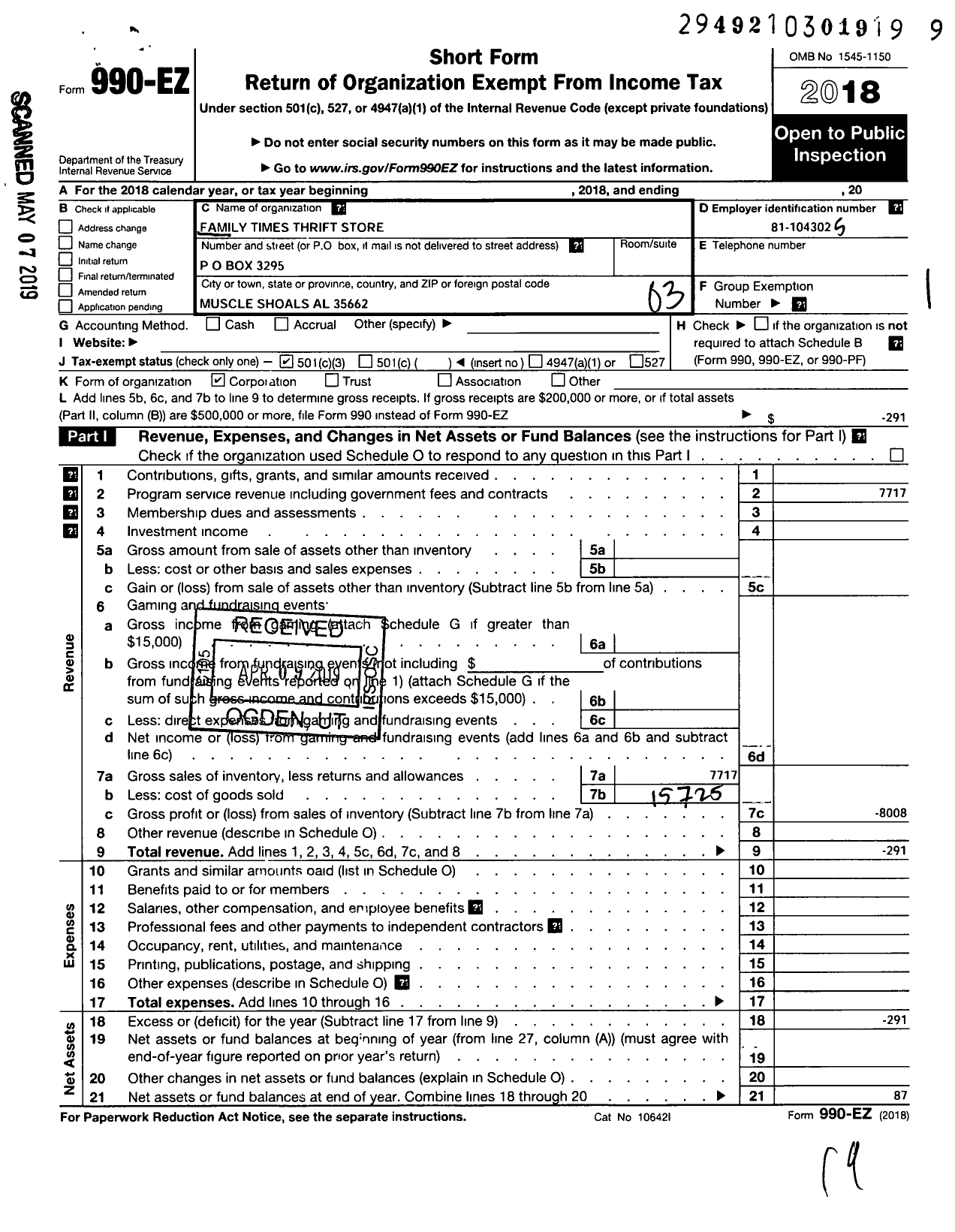 Image of first page of 2018 Form 990EZ for Family Times Thrift Store