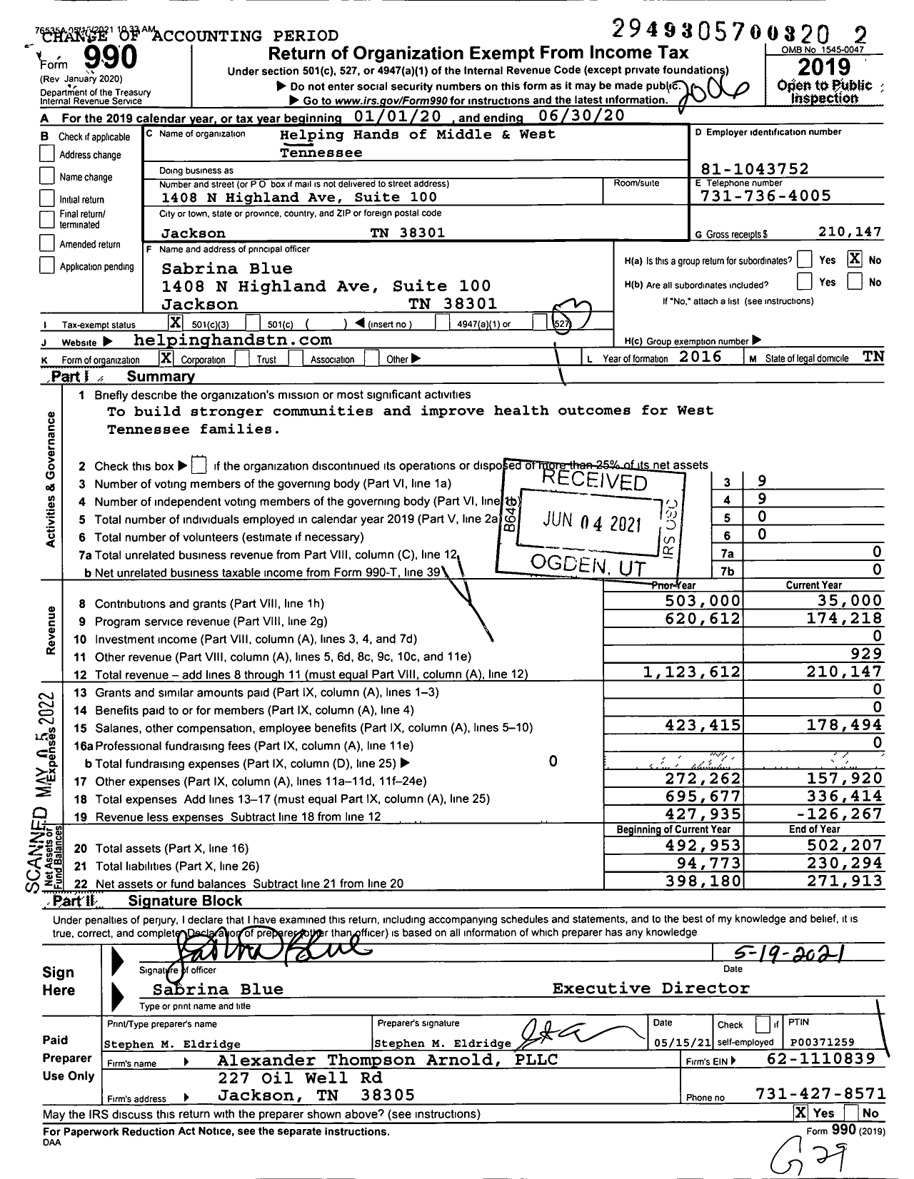 Image of first page of 2019 Form 990 for Helping Hands of Middle and West Tennessee