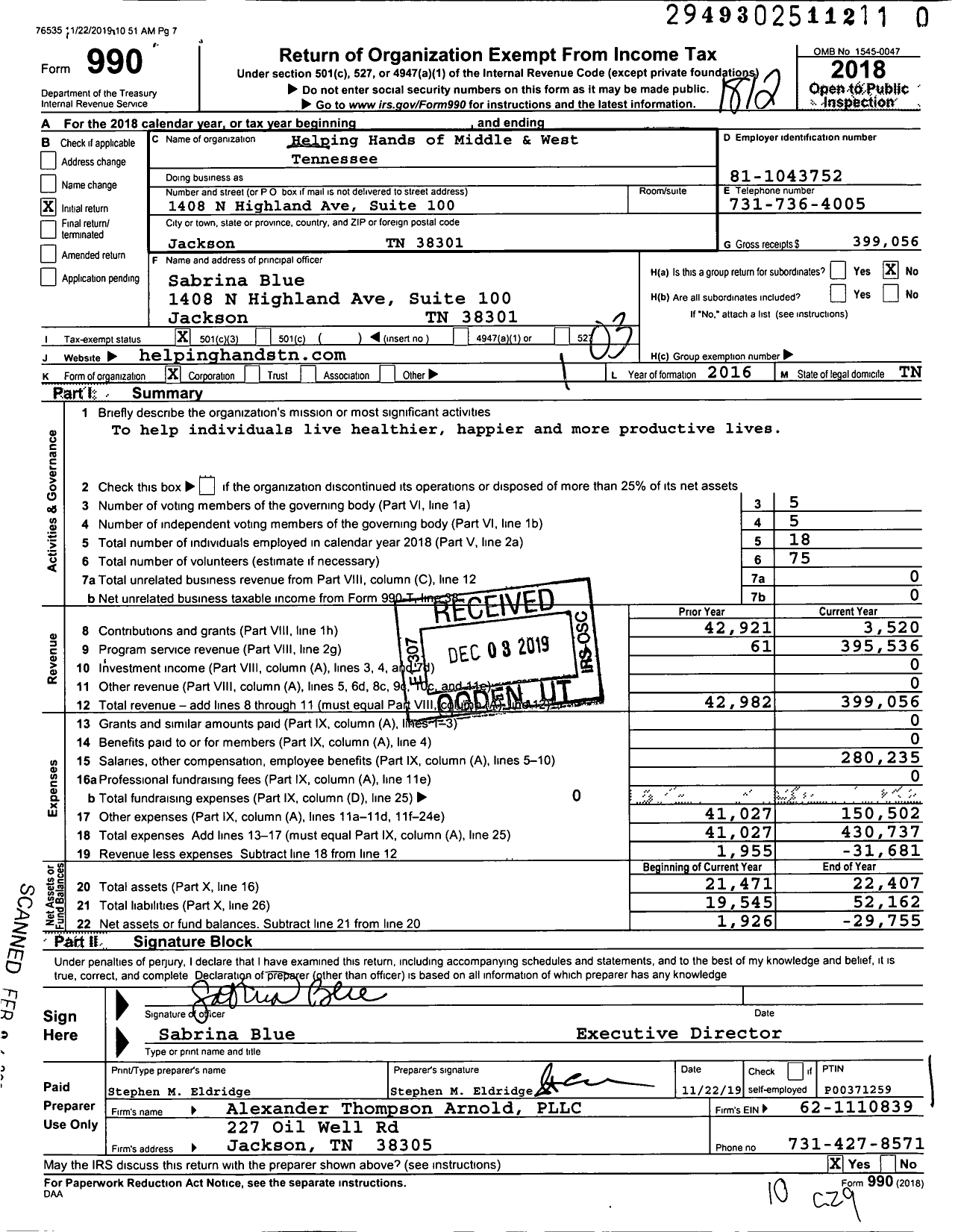 Image of first page of 2018 Form 990 for Helping Hands of Middle and West Tennessee