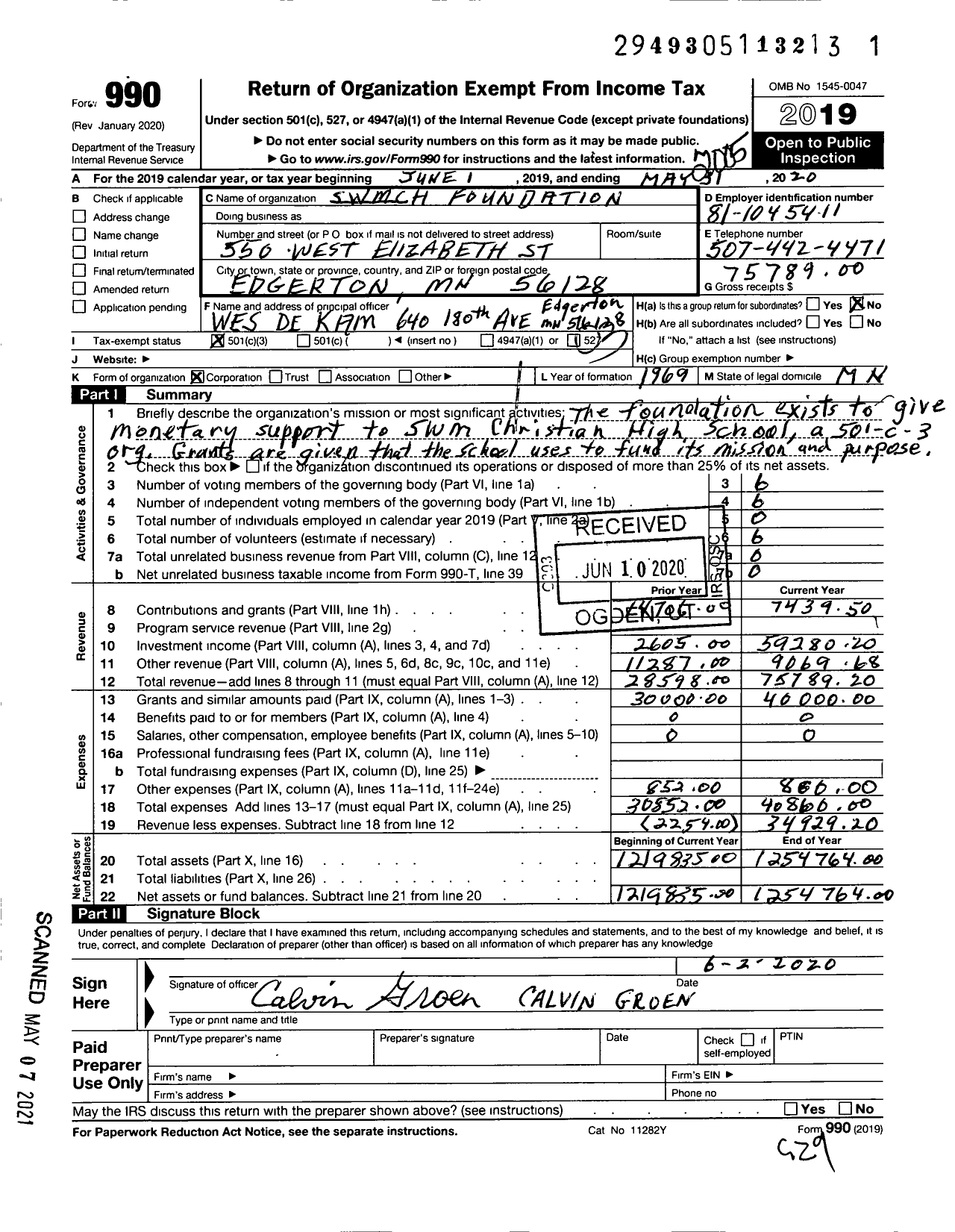 Image of first page of 2019 Form 990 for SWMCH Foundation