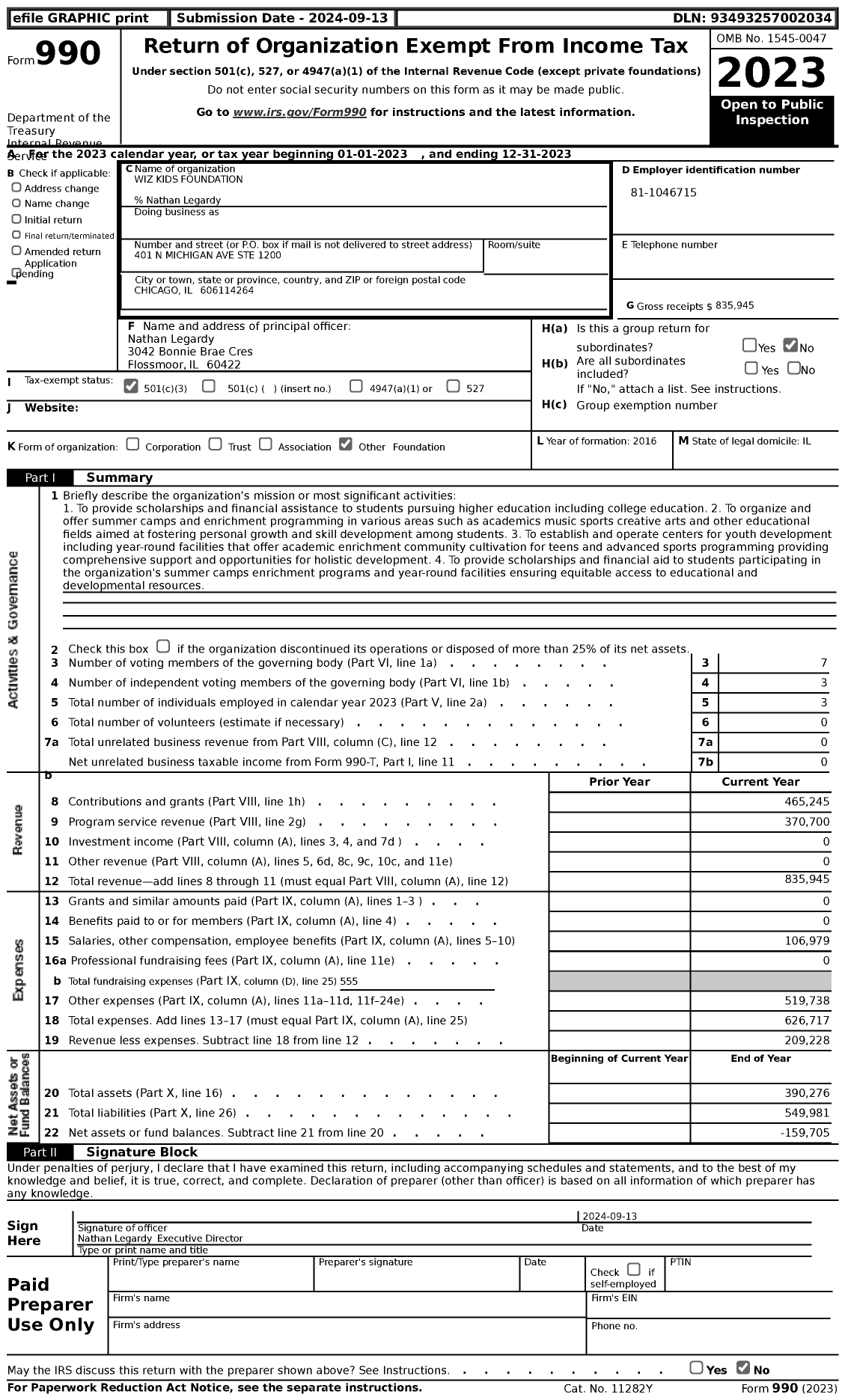 Image of first page of 2023 Form 990 for Wiz Kids Foundation