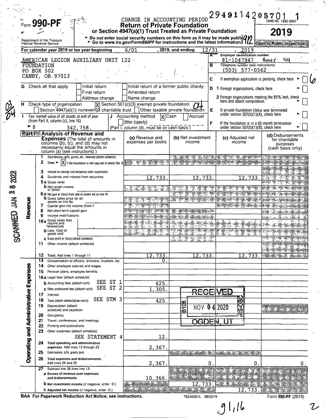 Image of first page of 2019 Form 990PF for American Legion Auxiliary Unit 122 Foundation