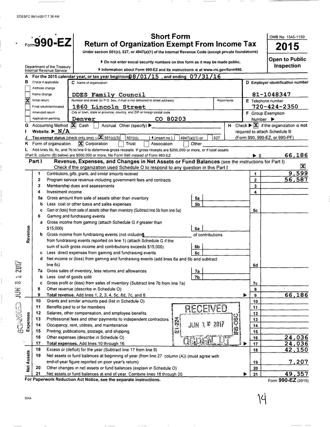 Image of first page of 2015 Form 990EZ for Ddes Family Council