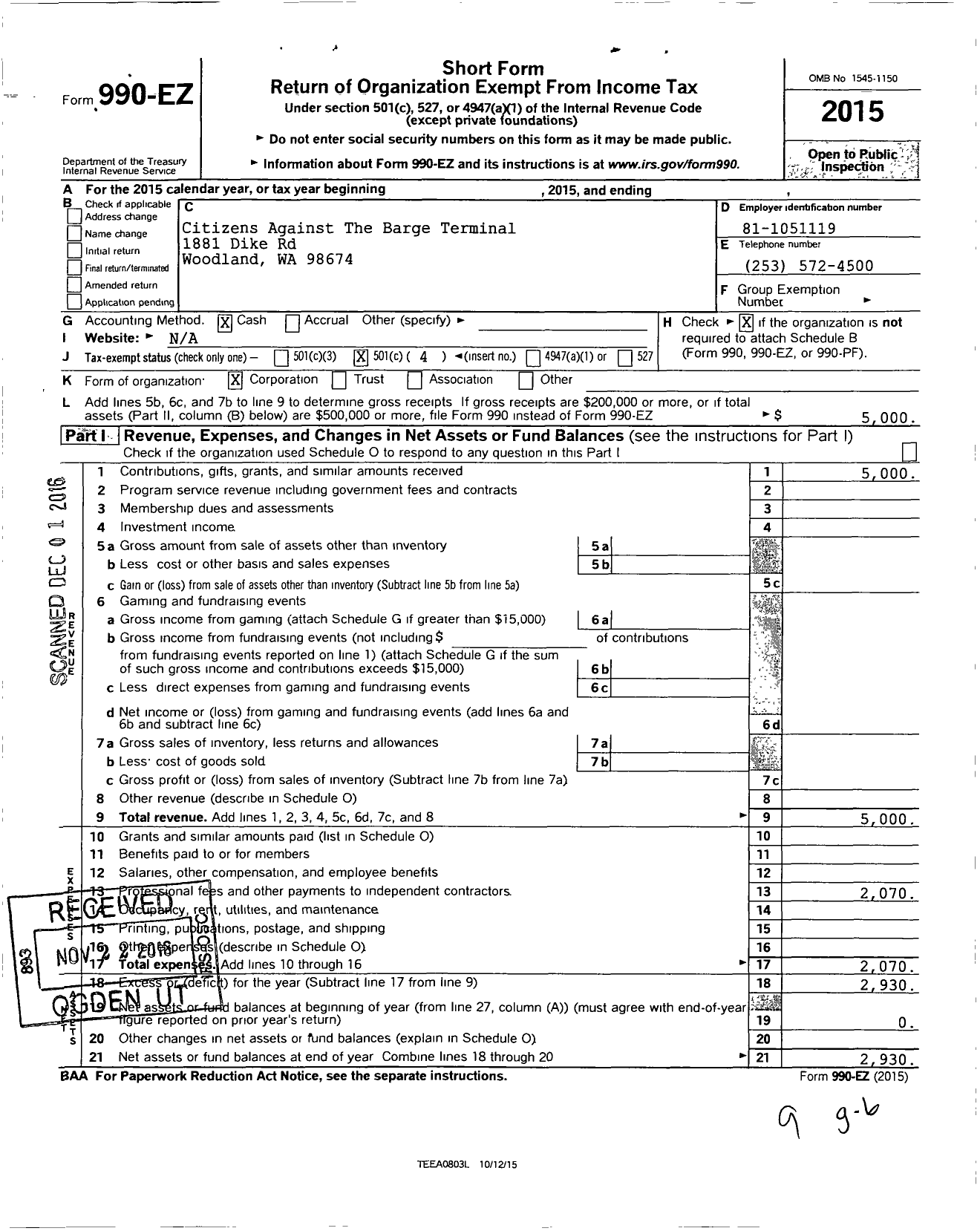 Image of first page of 2015 Form 990EO for Citizens Against The Barge Terminal