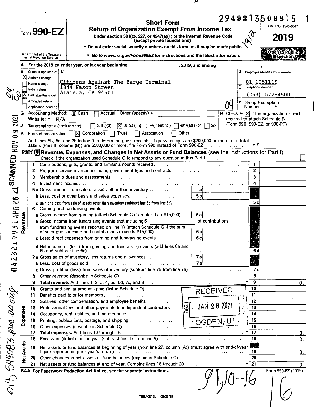 Image of first page of 2019 Form 990EO for Citizens Against The Barge Terminal