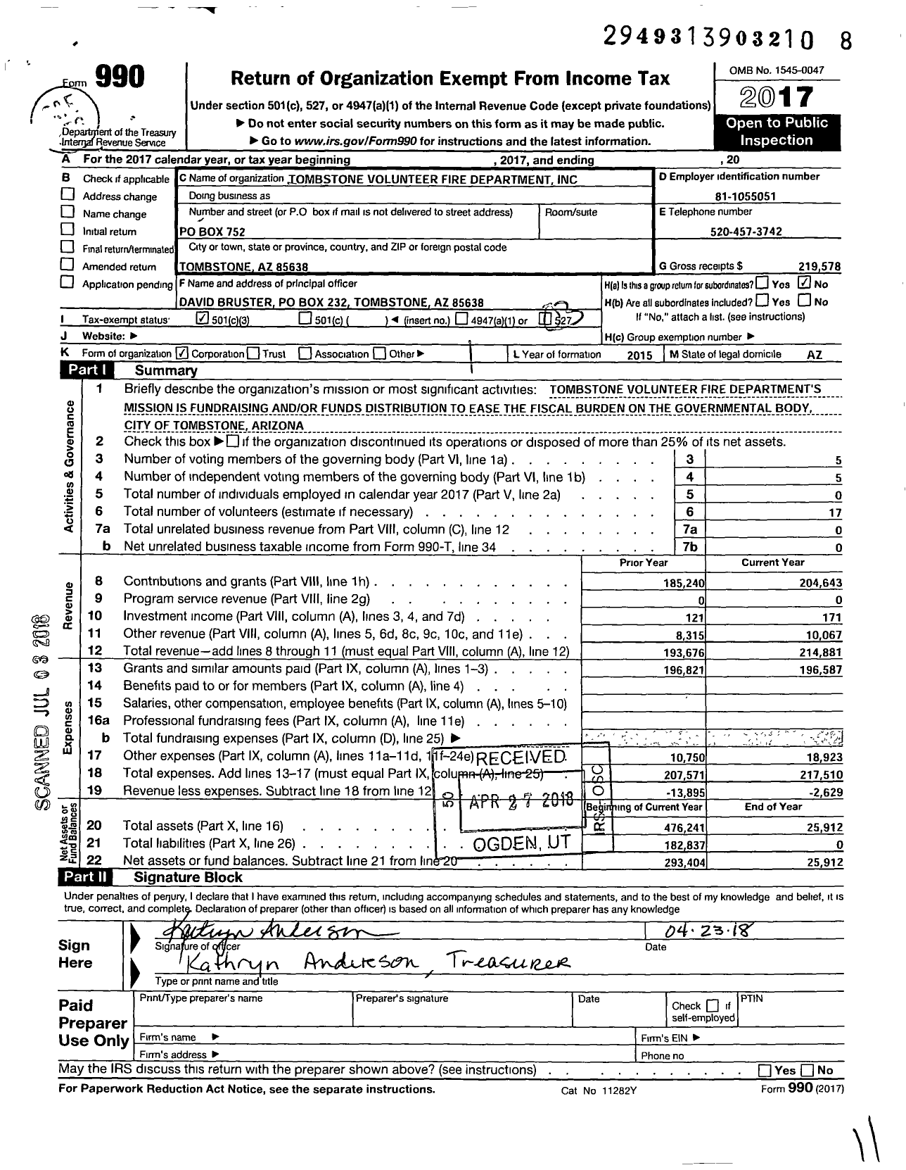 Image of first page of 2017 Form 990 for Tombstone Volunteer Fire Department