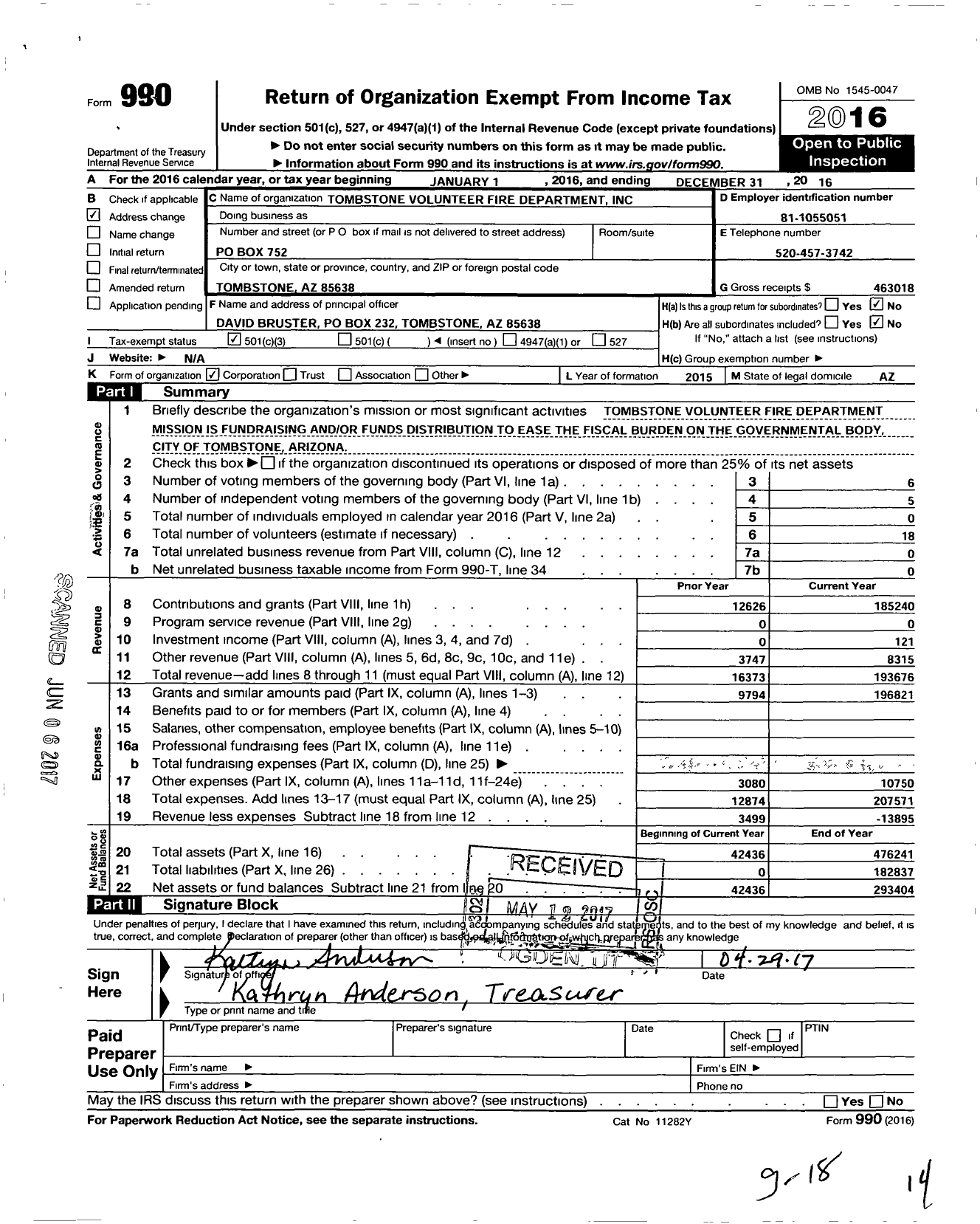 Image of first page of 2016 Form 990 for Tombstone Volunteer Fire Department