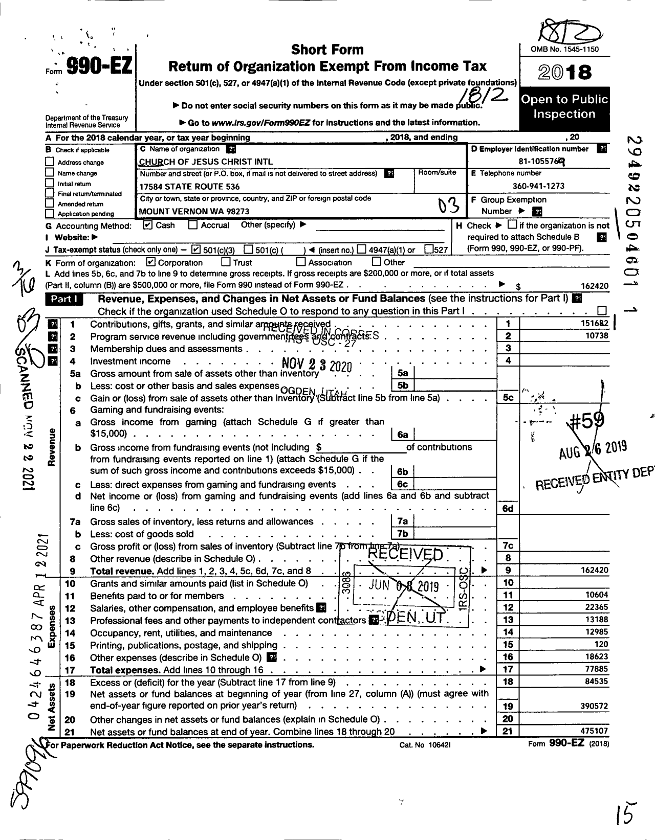 Image of first page of 2018 Form 990EZ for Church of Jesus Christ International Templo Bethel