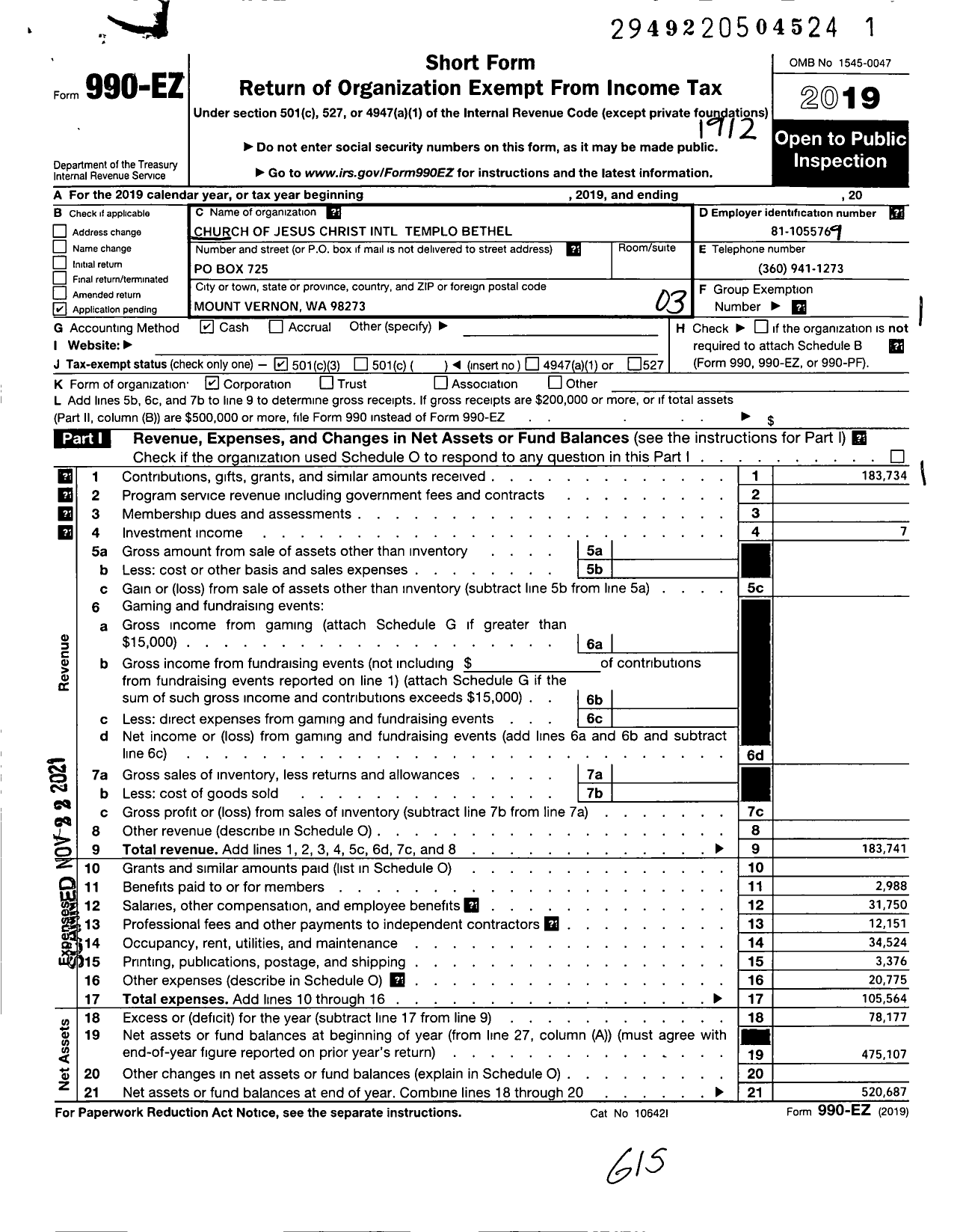 Image of first page of 2019 Form 990EZ for Church of Jesus Christ International Templo Bethel