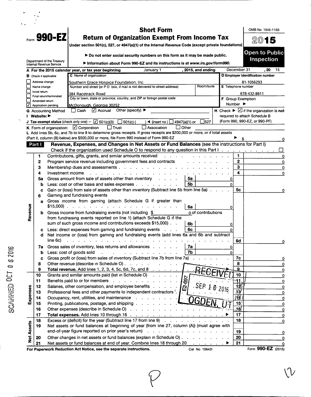 Image of first page of 2015 Form 990EZ for Southern Grace Hospice Foundation