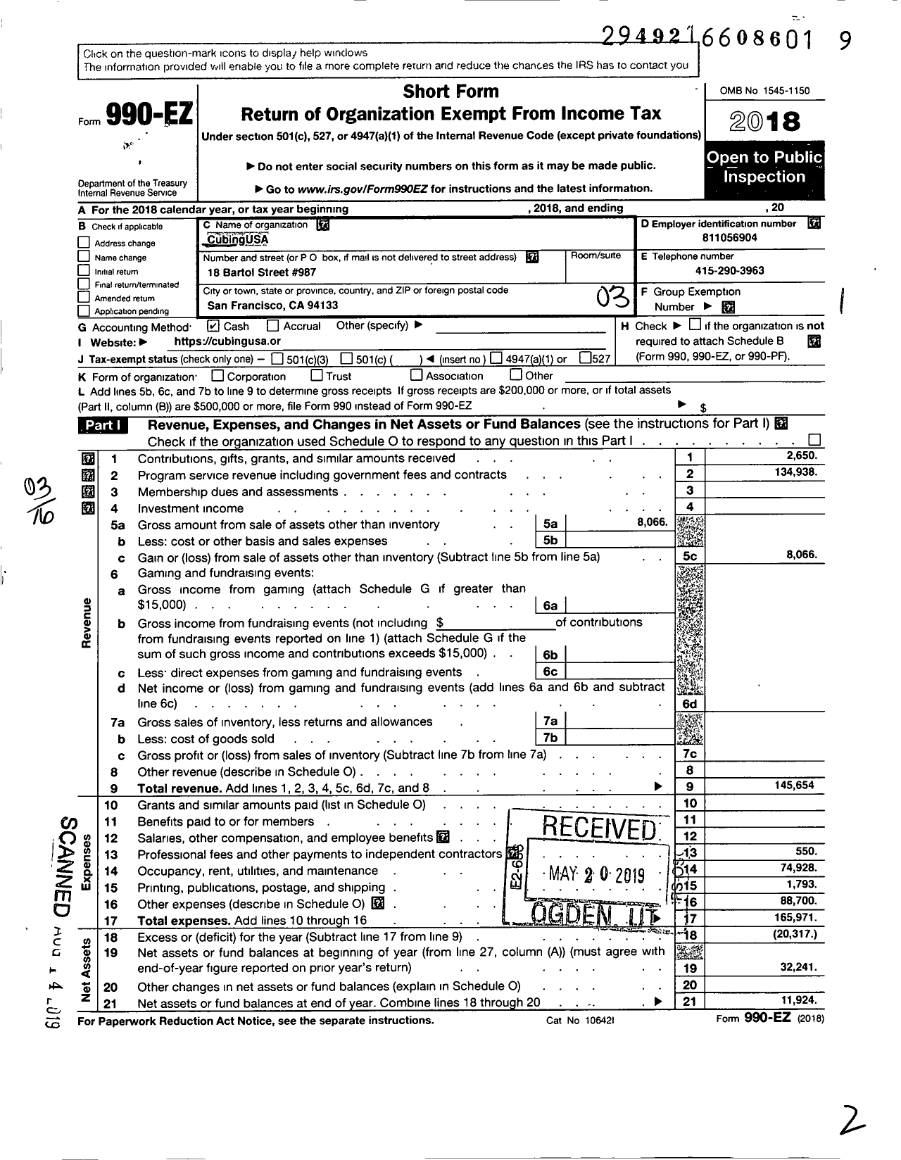 Image of first page of 2018 Form 990EZ for CubingUSA