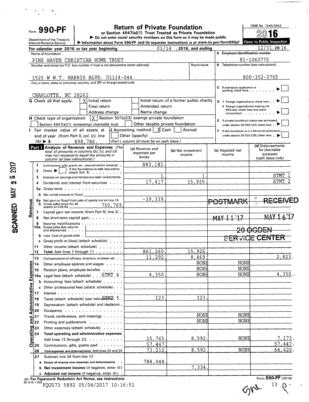 Image of first page of 2016 Form 990PF for Pine Haven Christian Home Trust