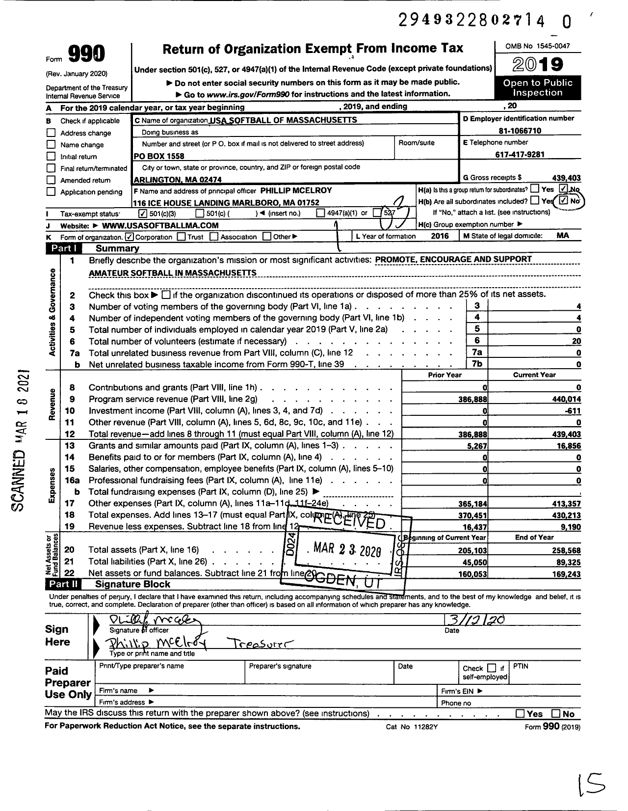 Image of first page of 2019 Form 990 for USA Softball of Massachusetts