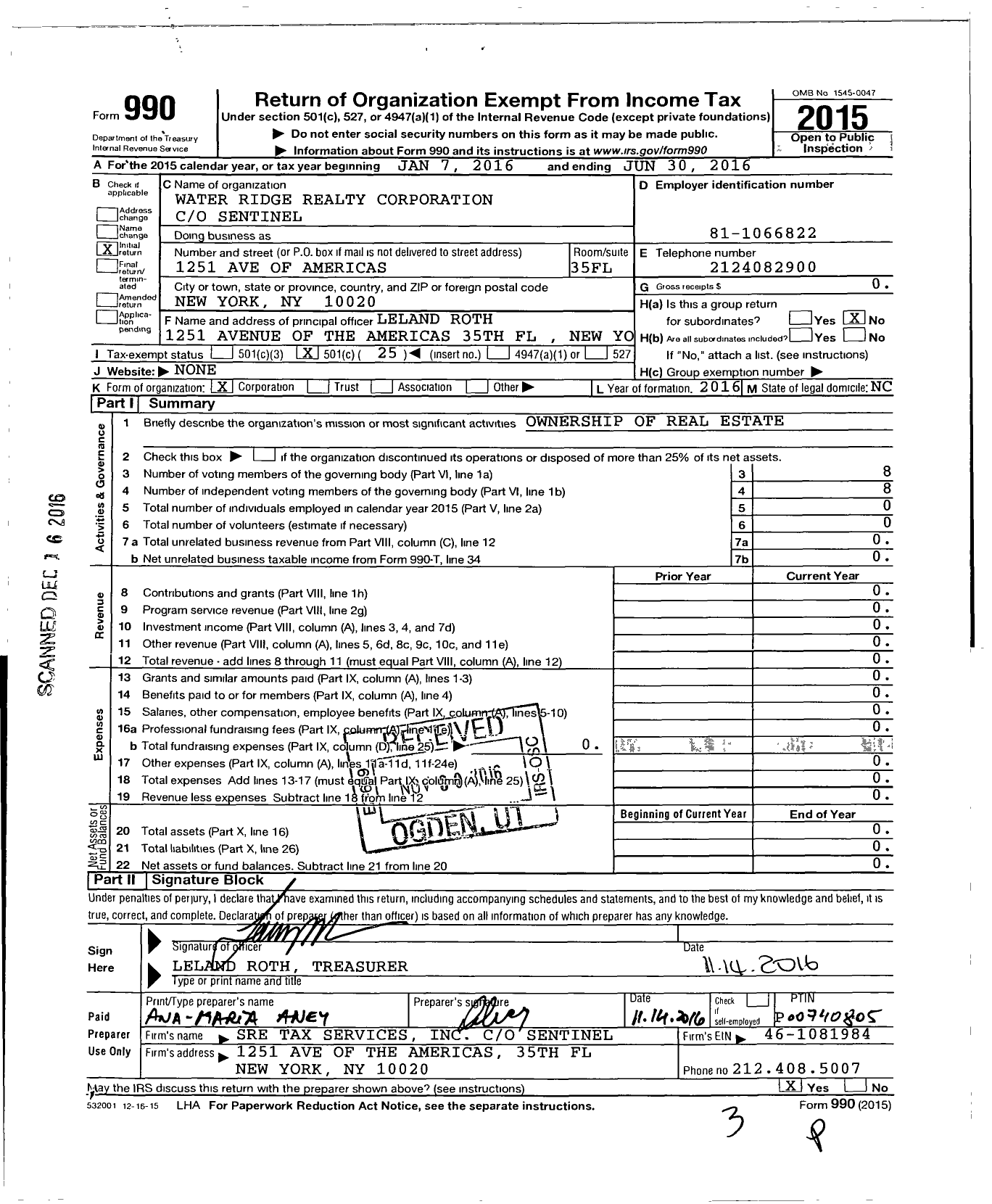 Image of first page of 2015 Form 990O for Water Ridge Realty Corporation