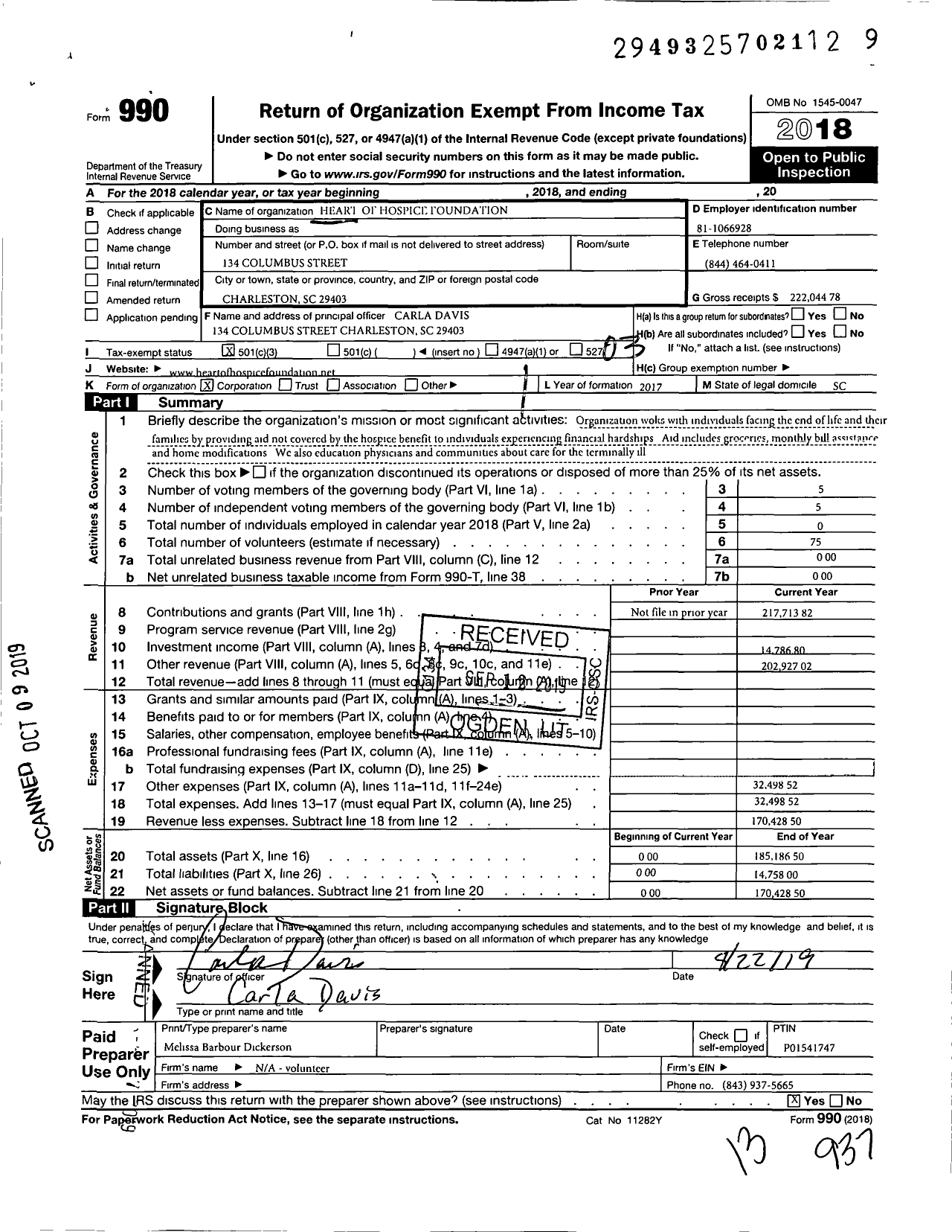 Image of first page of 2018 Form 990 for Heart of Hospice Foundation