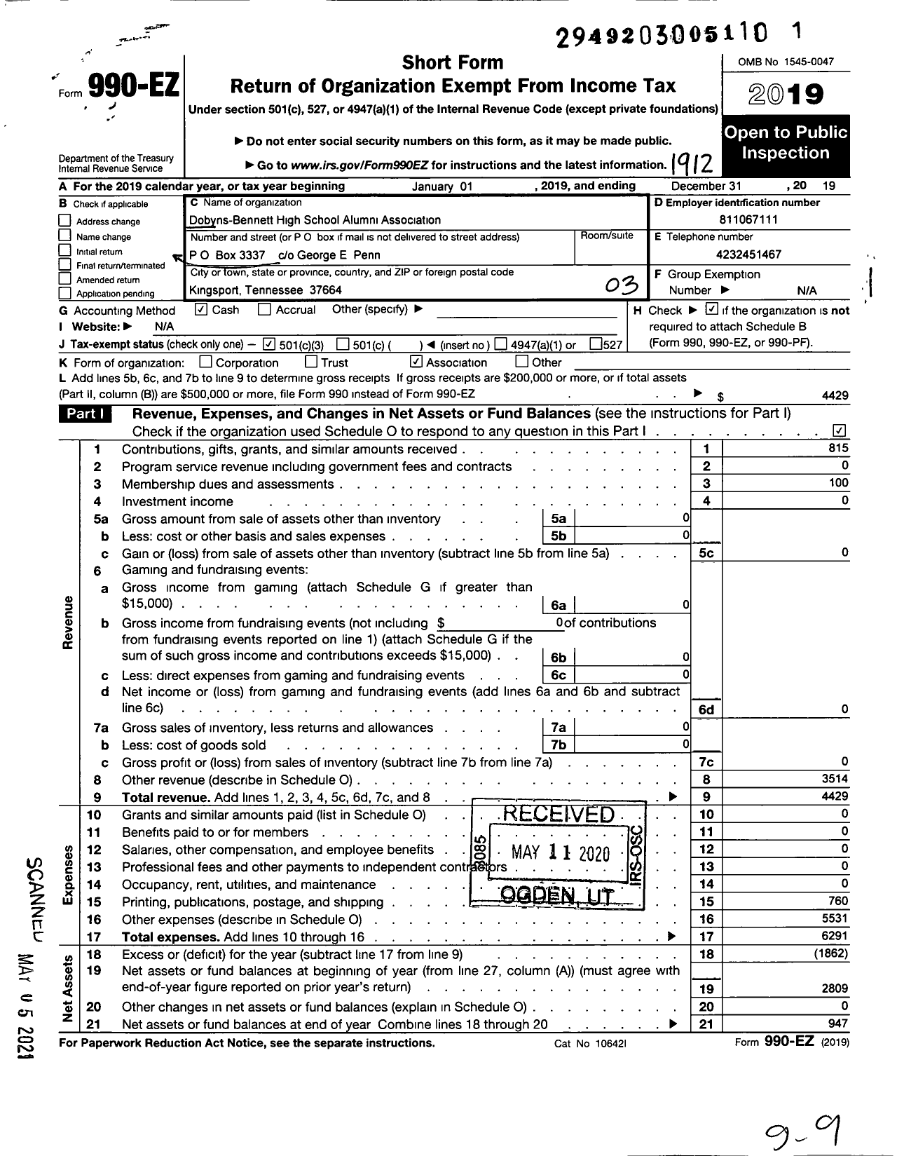 Image of first page of 2019 Form 990EZ for Dobyns-Bennett High School Alumni Association