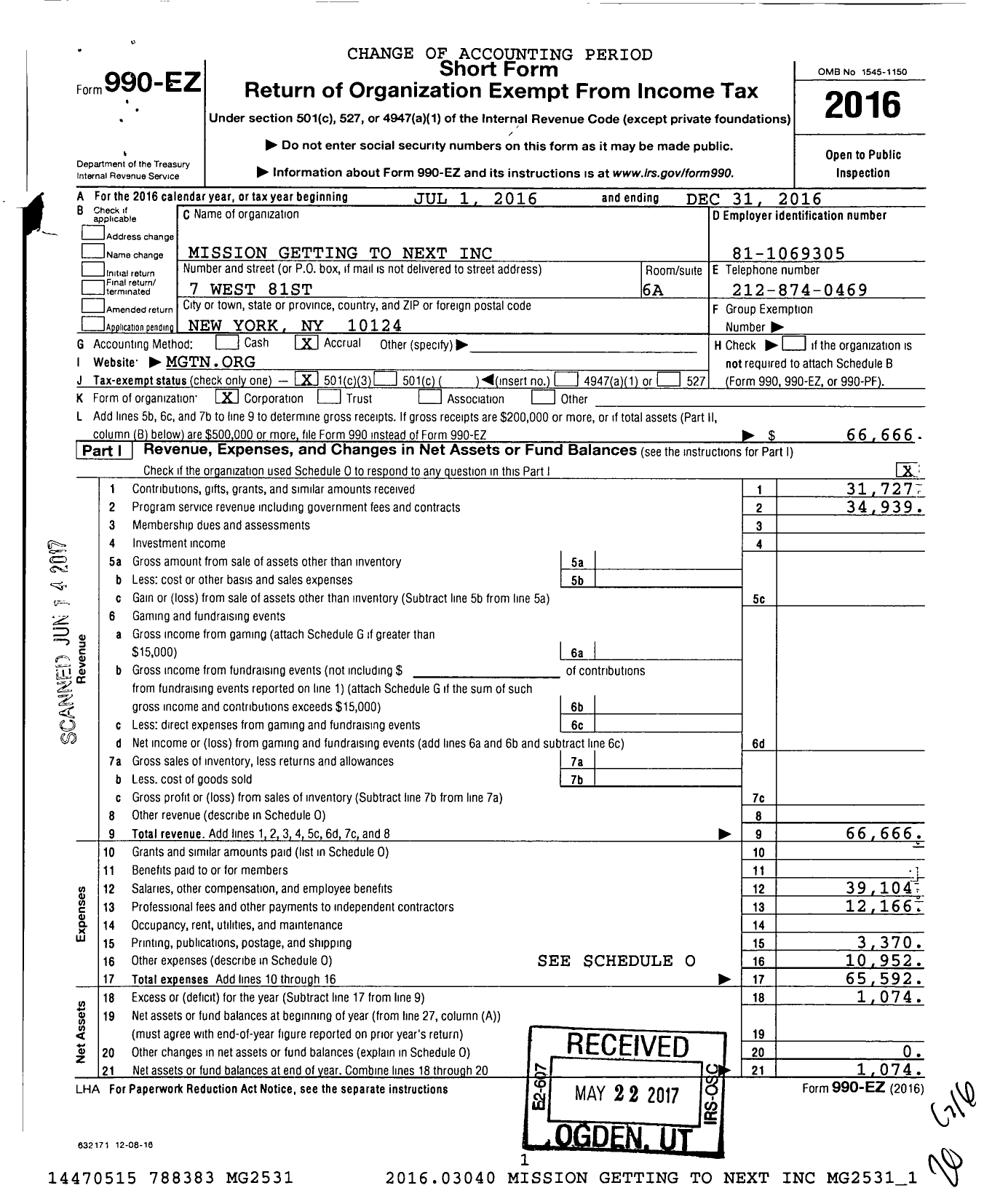 Image of first page of 2016 Form 990EZ for Mission Getting To Next