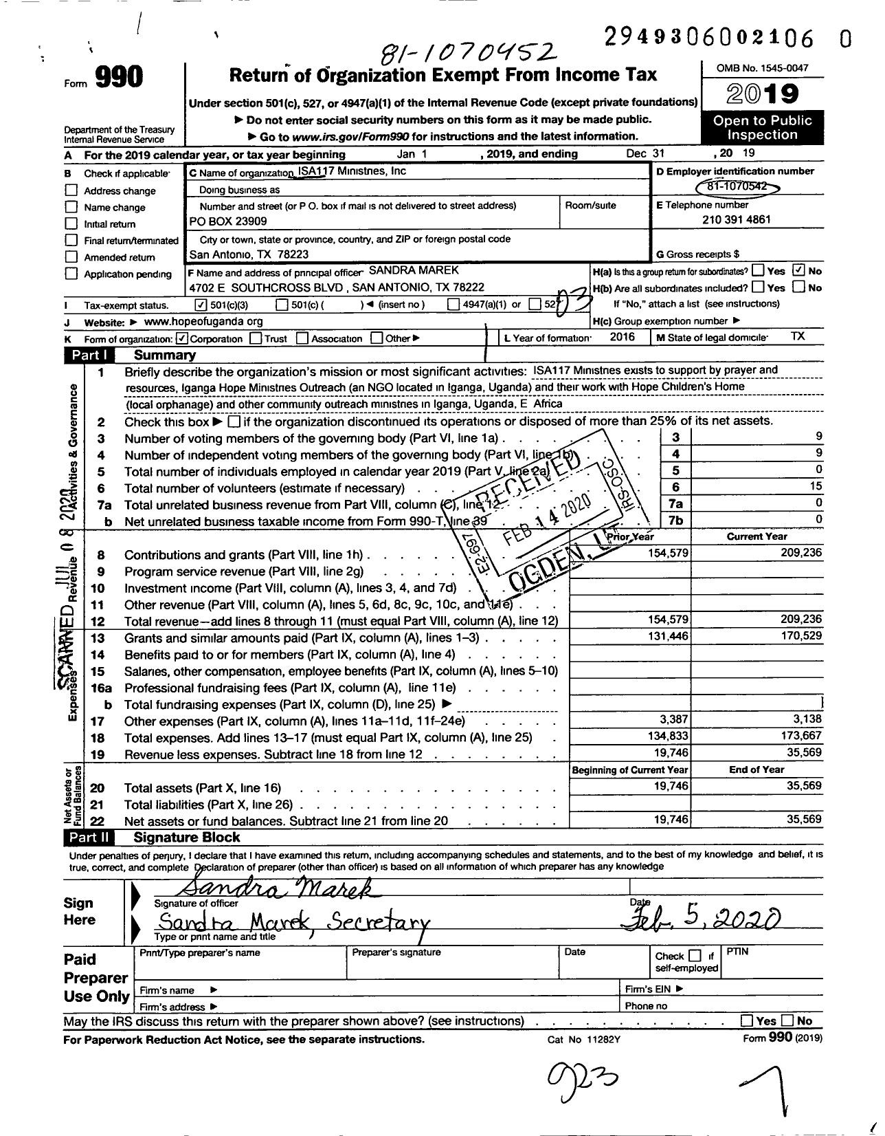 Image of first page of 2019 Form 990 for Isa117 Ministries