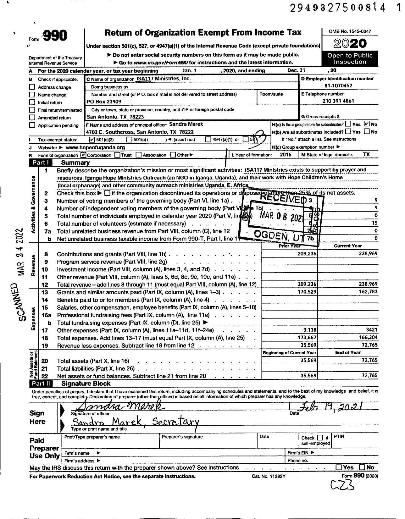 Image of first page of 2020 Form 990 for Isa117 Ministries