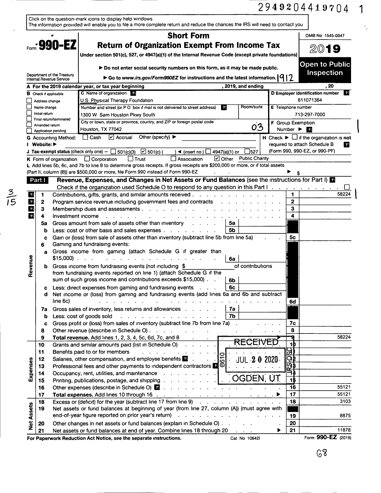 Image of first page of 2019 Form 990EZ for Us Physical Therapy Foundation