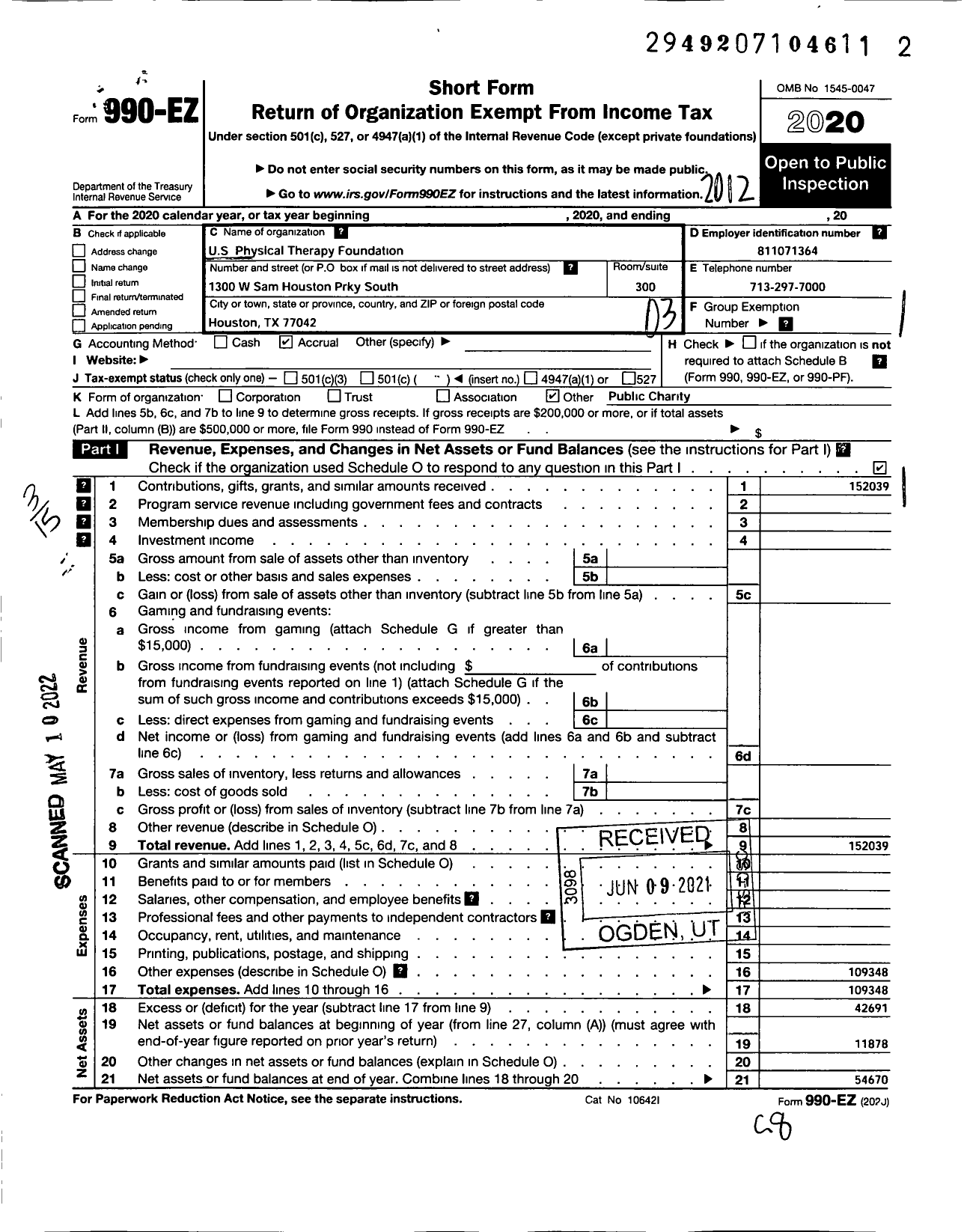 Image of first page of 2020 Form 990EZ for Us Physical Therapy Foundation