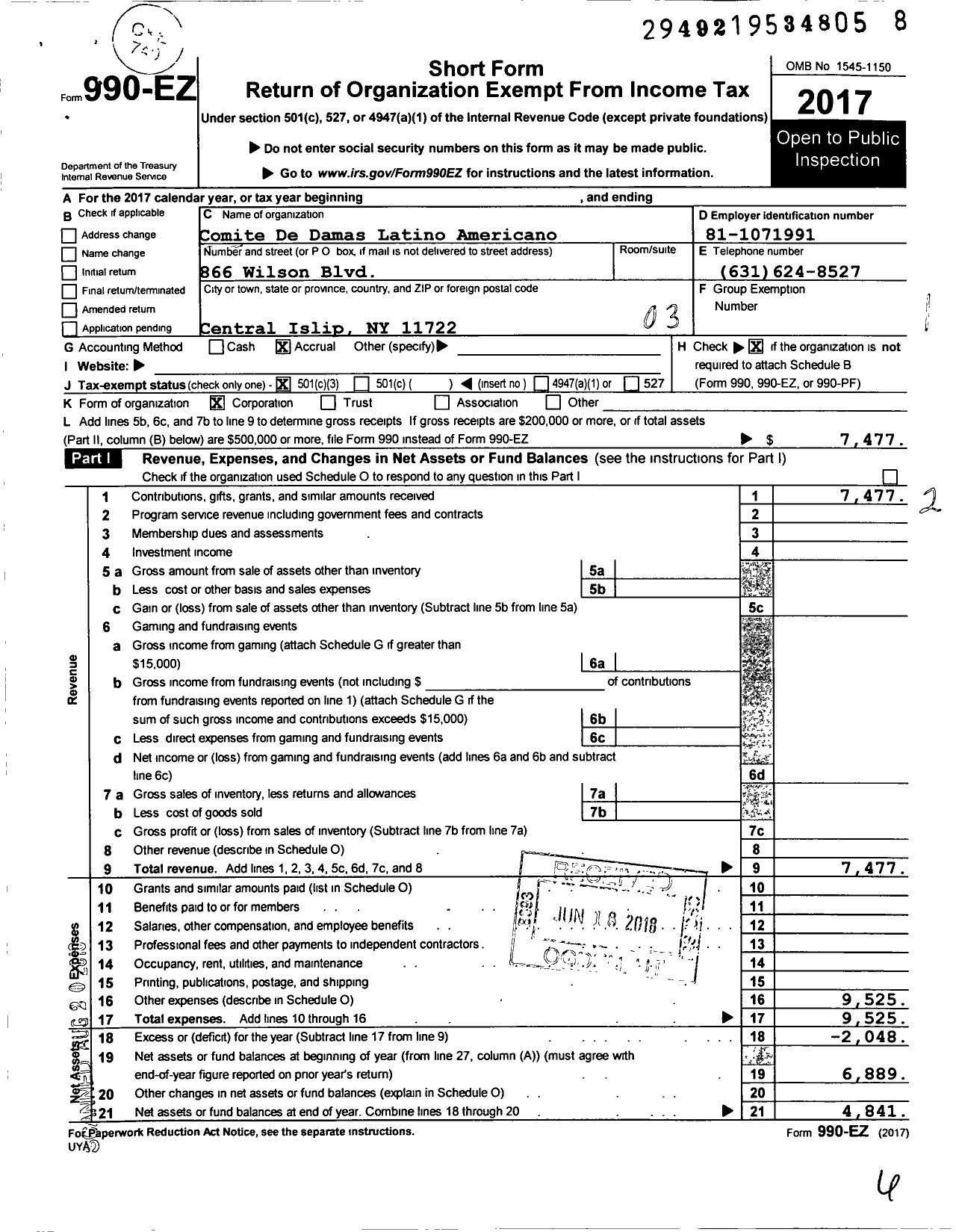 Image of first page of 2017 Form 990EZ for Comite de Damas Latino Americano Codala