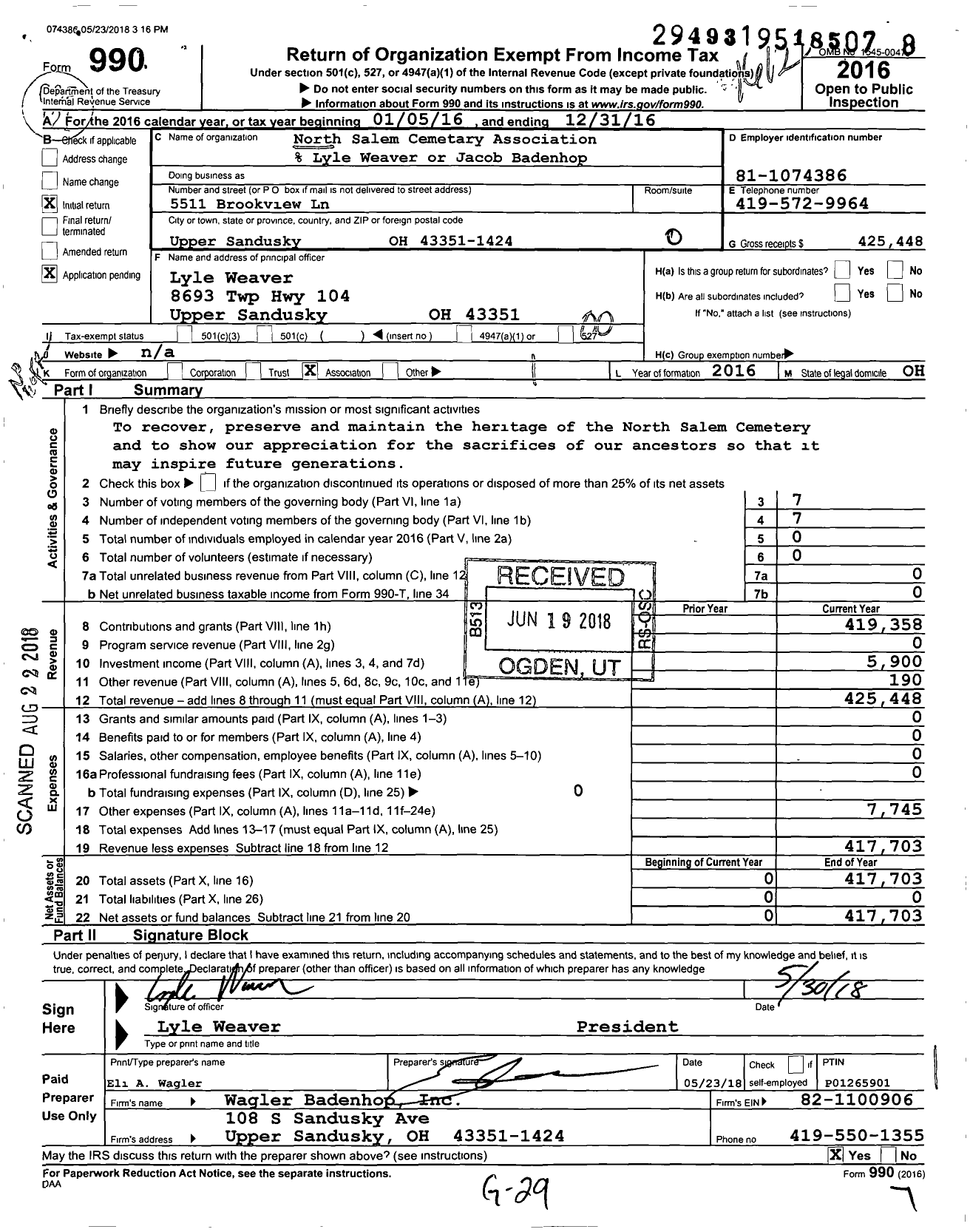 Image of first page of 2016 Form 990O for North Salem Cemetary Association % Lyle Weaver Or Jacob Badenhop