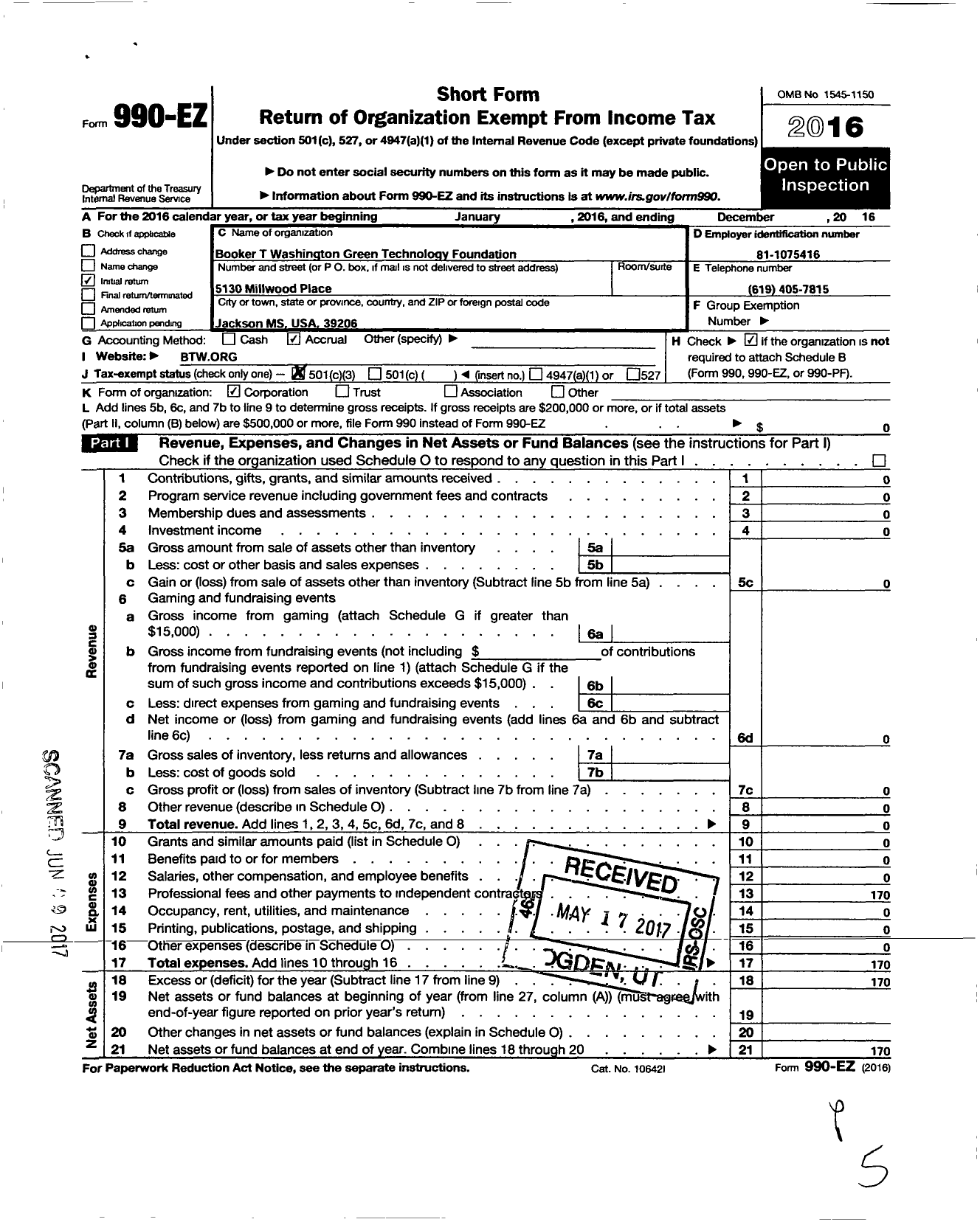 Image of first page of 2016 Form 990EZ for Booker T Washington Green Technology Foundation