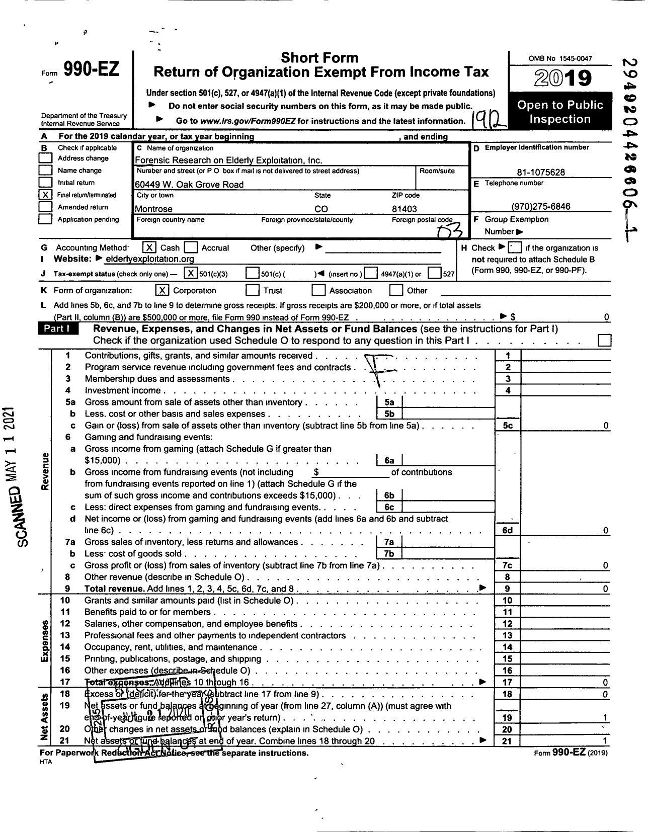 Image of first page of 2019 Form 990EZ for Forensic Research on Elderly Exploitation