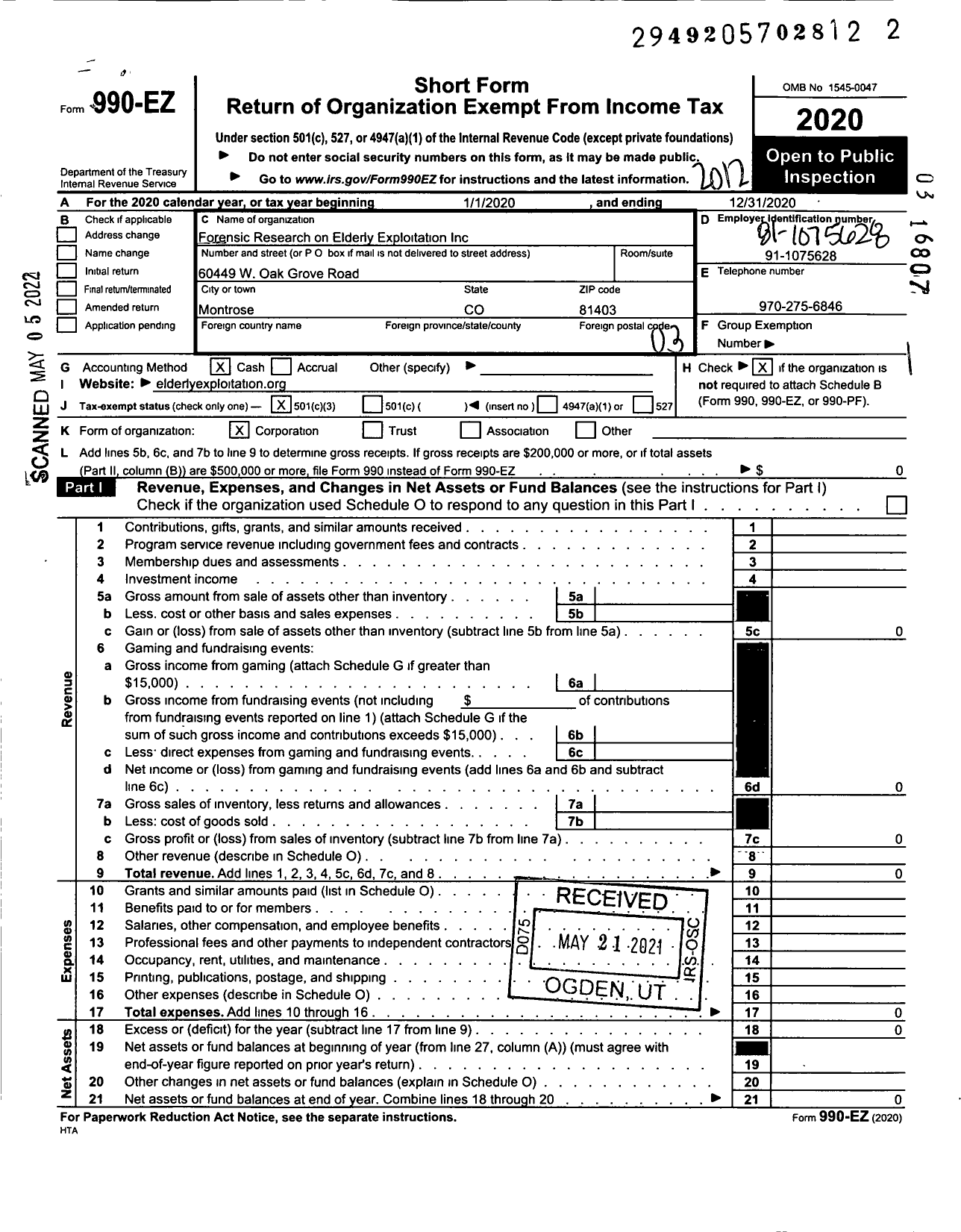 Image of first page of 2020 Form 990EZ for Forensic Research on Elderly Exploitation