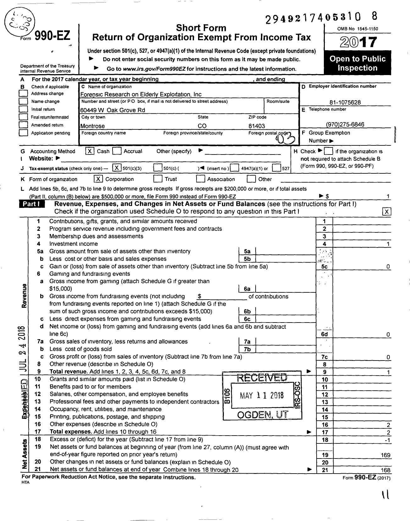 Image of first page of 2017 Form 990EZ for Forensic Research on Elderly Exploitation