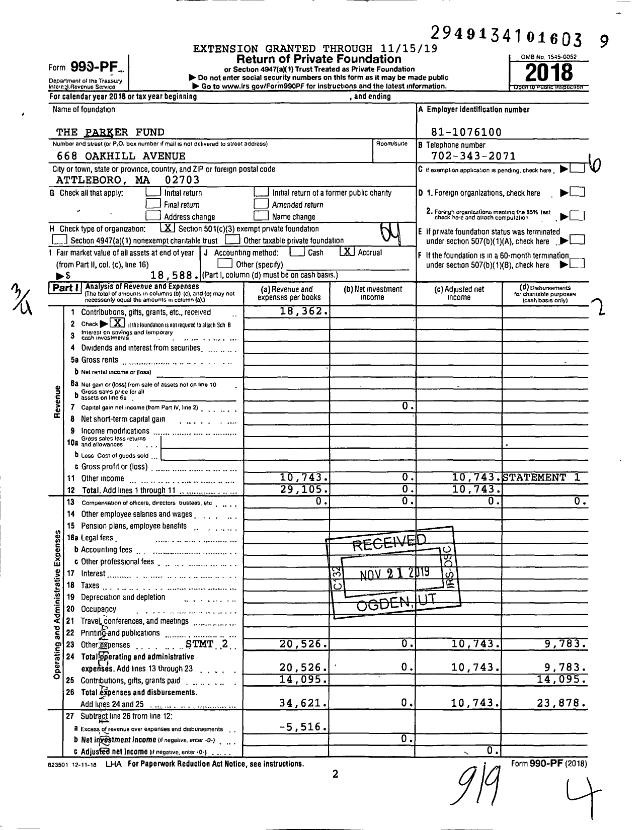 Image of first page of 2018 Form 990PF for The Parker Fund