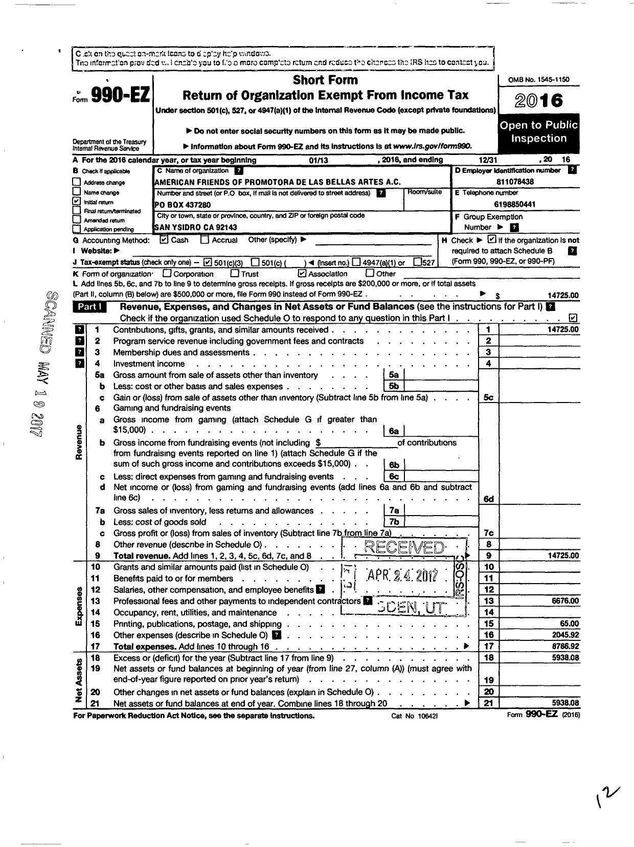 Image of first page of 2016 Form 990EZ for American Friends of Promotora De Las Bellas Artes AC