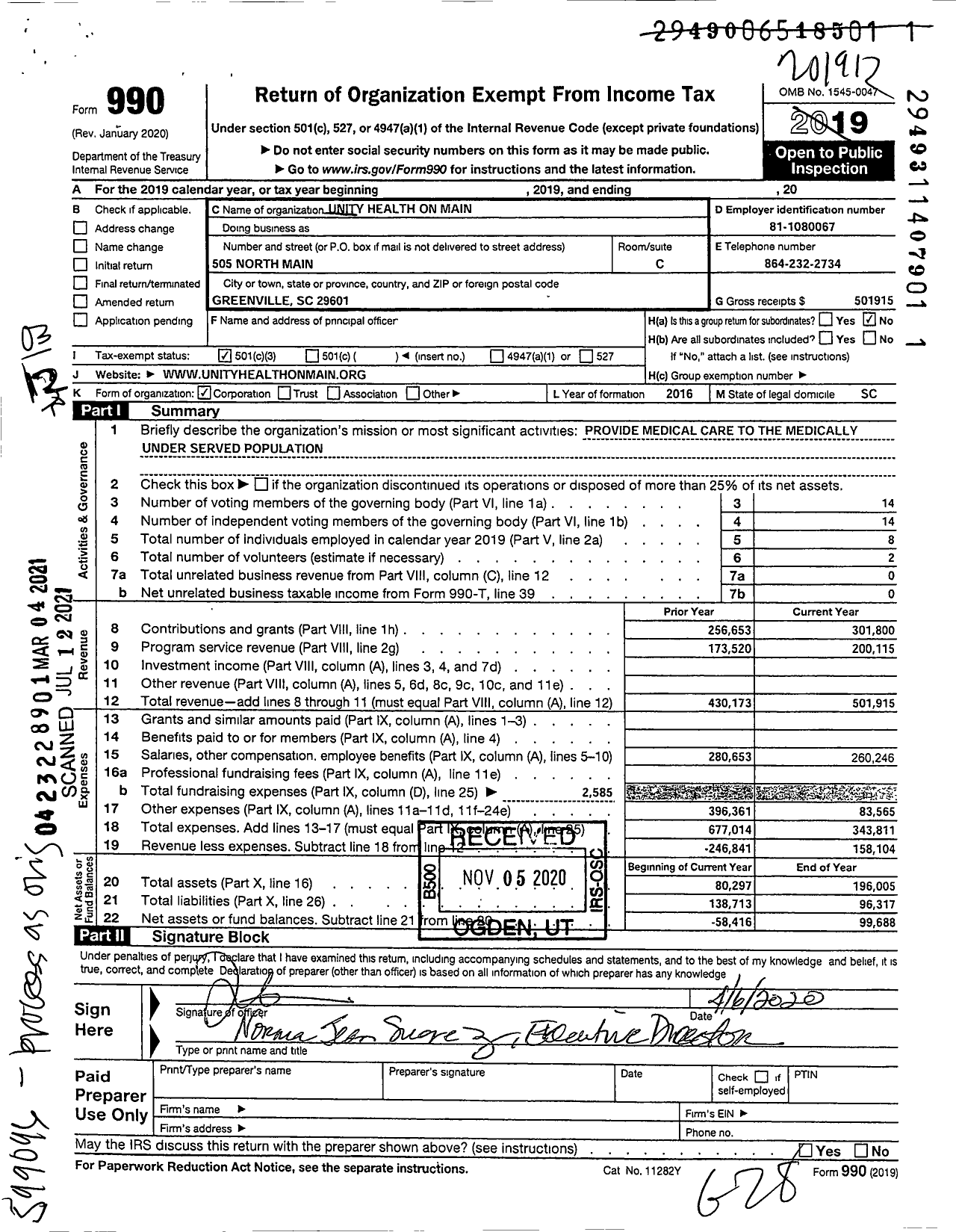 Image of first page of 2019 Form 990 for Unity Health on Main