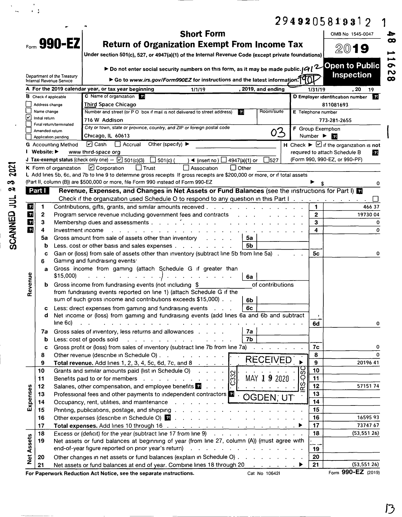 Image of first page of 2019 Form 990EZ for Third Space Chicago