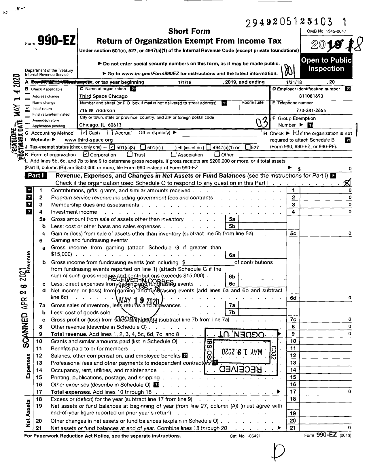 Image of first page of 2017 Form 990EZ for Third Space Chicago