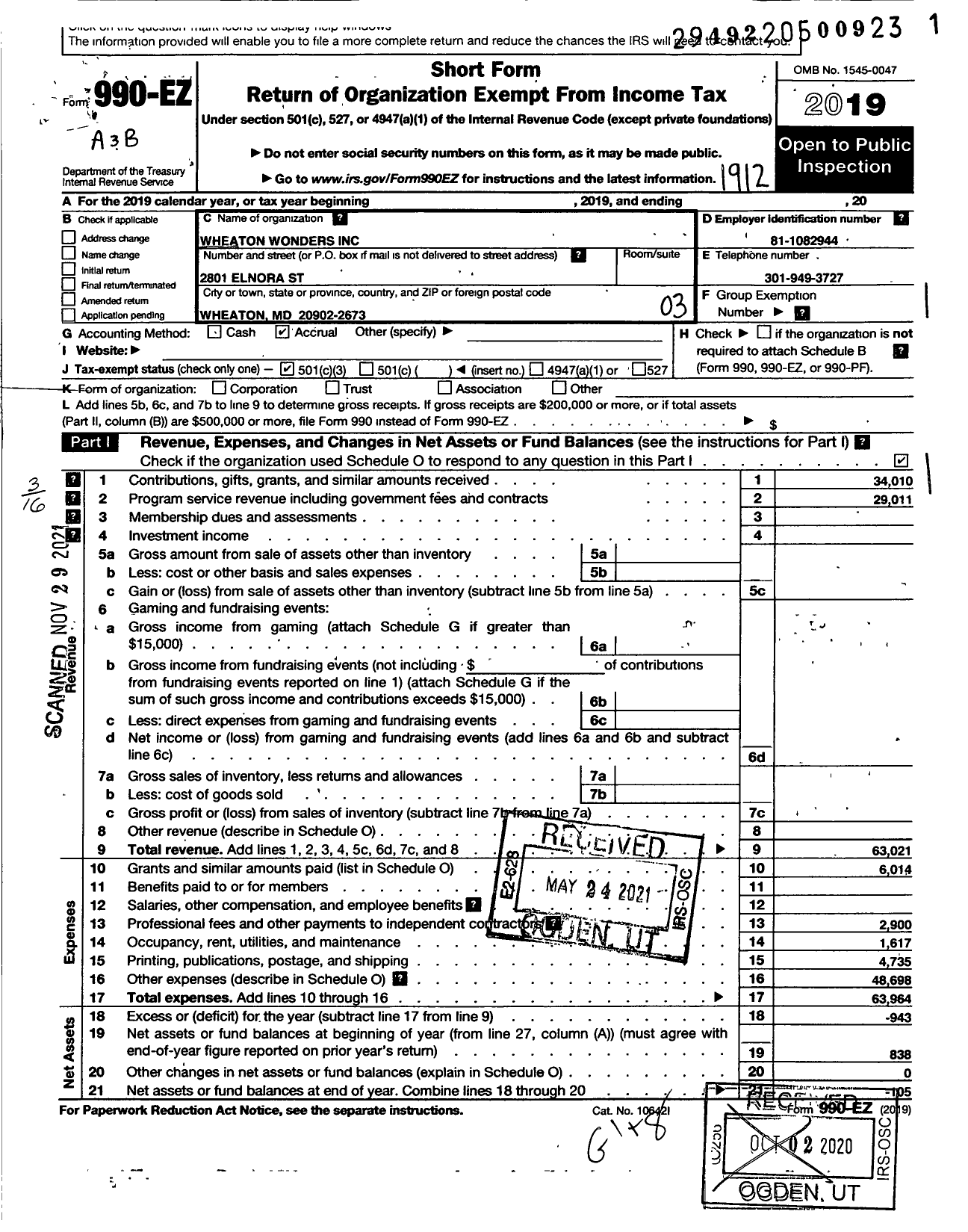 Image of first page of 2019 Form 990EZ for Wheaton Wonders