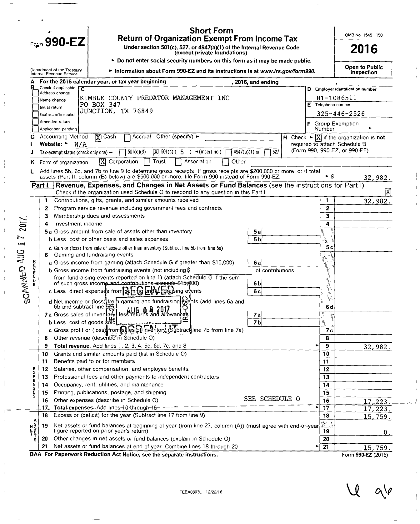 Image of first page of 2016 Form 990EO for Kimble County Predator Management