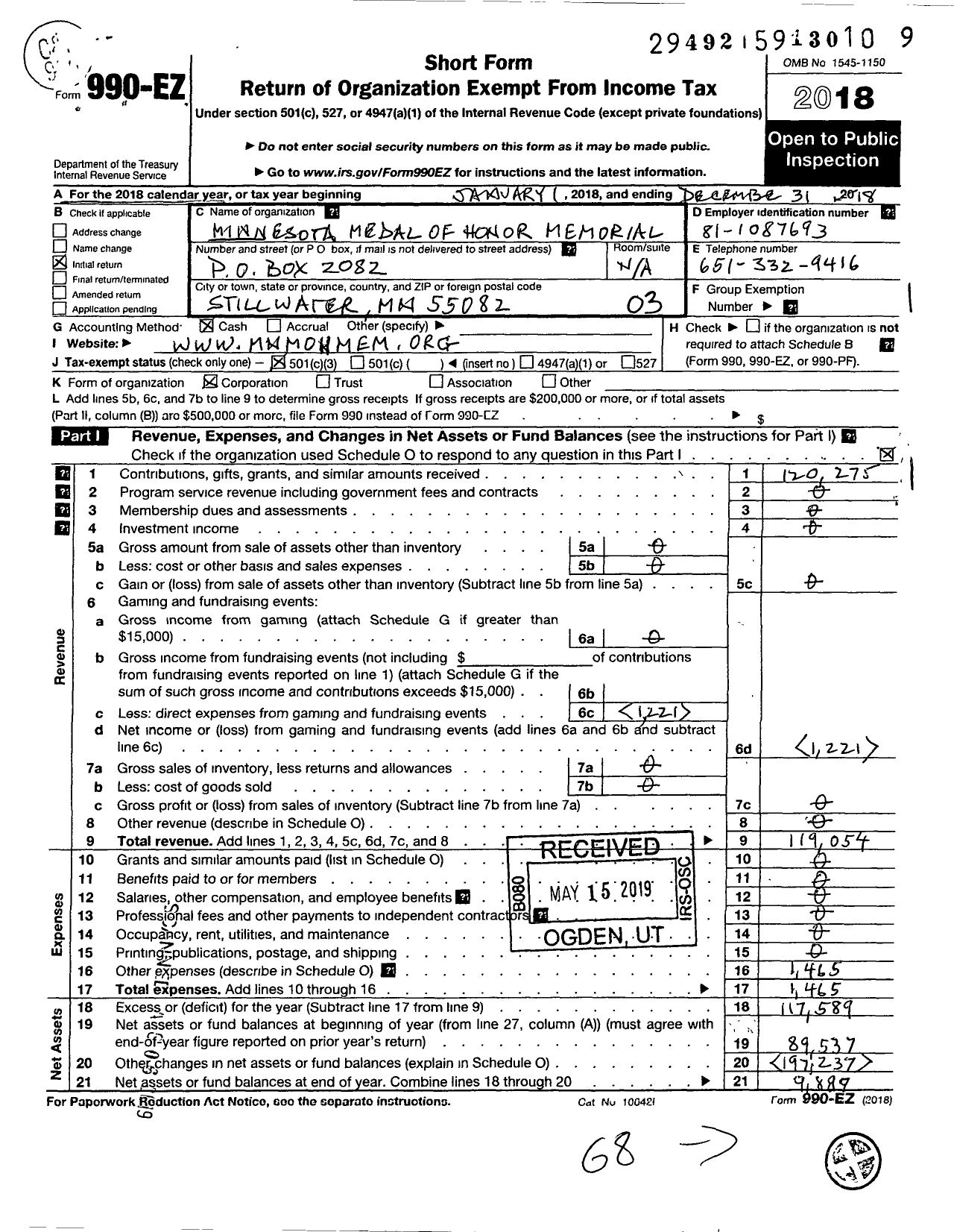 Image of first page of 2018 Form 990EZ for Minnesota Medal of Honor Memorial